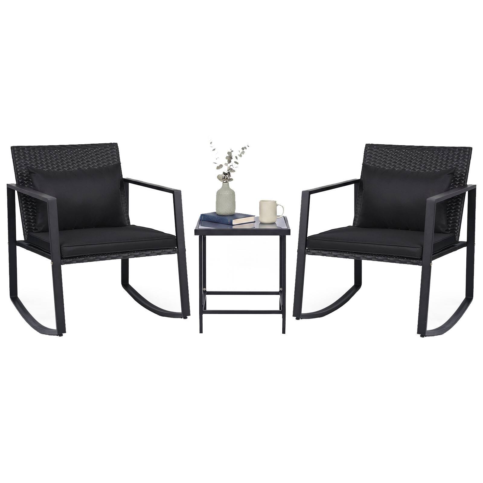 Alt View 2. Costway - Costway 3-Piece Outdoor Rattan Rocking Chair Set with Cushions and Tempered Glass Table, Metal Frame - Black,Beige.