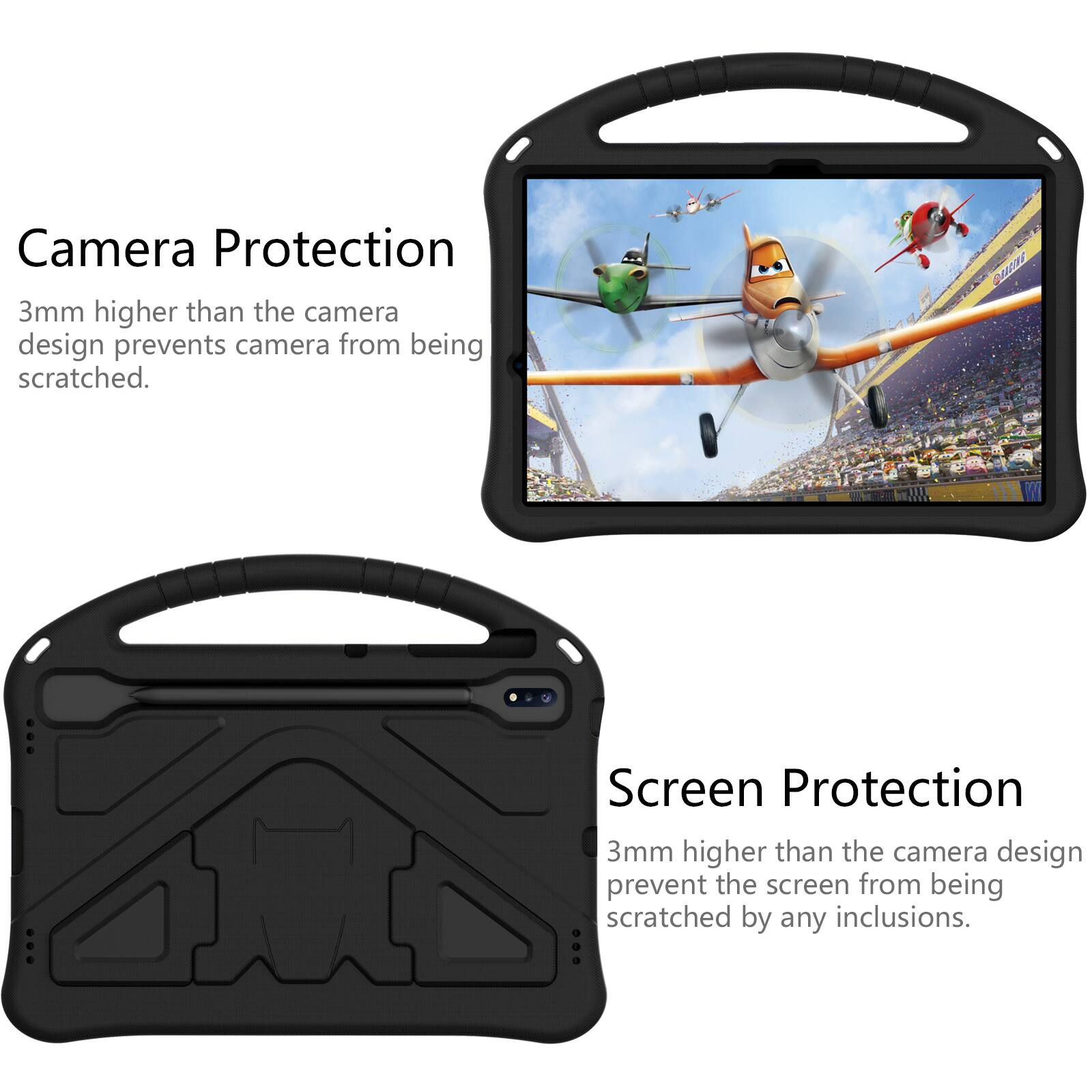 Camera Protection  
3mm higher than the camera design prevents camera from being scratched.  

Screen Protection  
3mm higher than the camera design prevents the screen from being scratched by any inclusions.