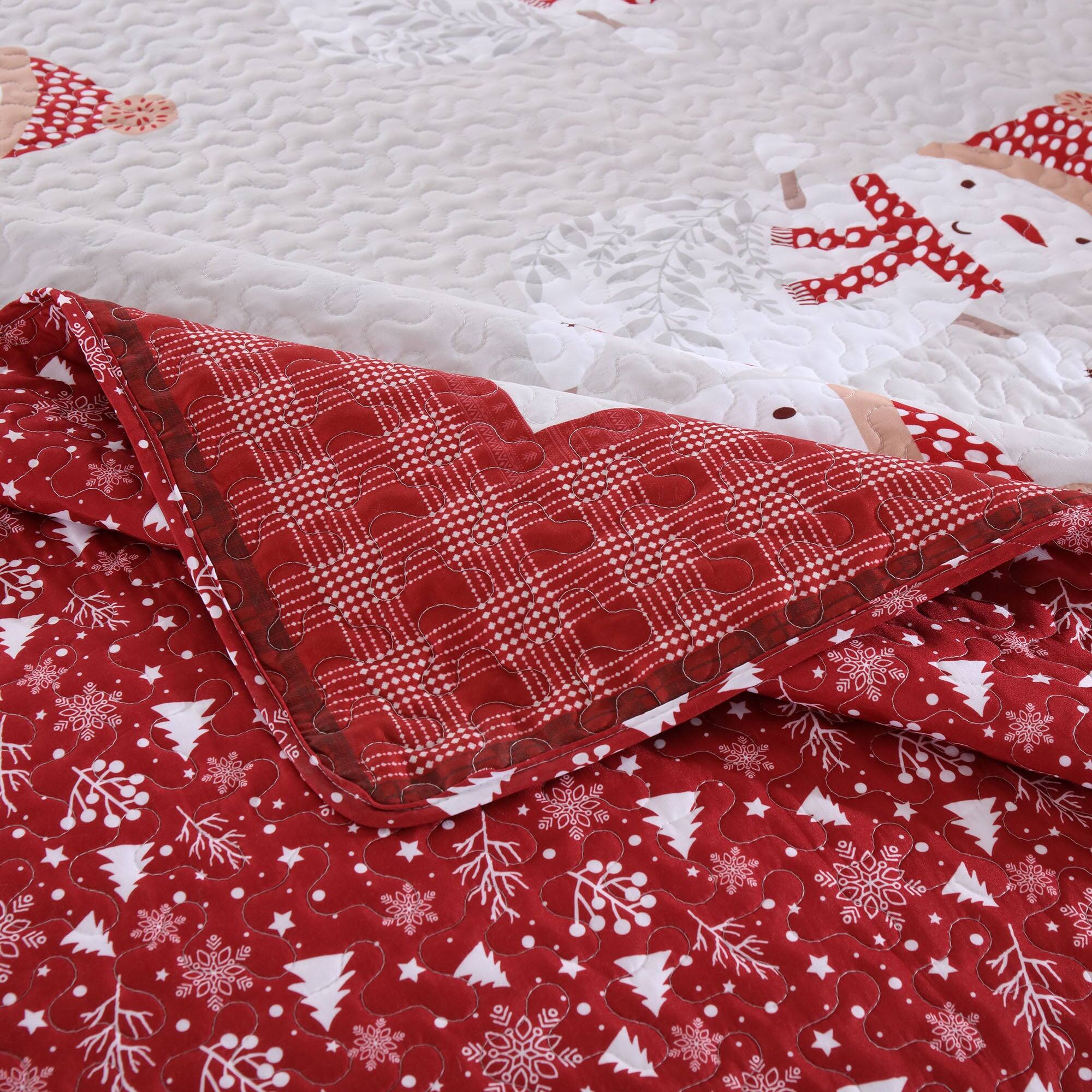 Alt View 3. MarCielo - MarCielo 3 Pcs Snowman and Tree Christmas Polyester Quilt Reversible Holiday Bedspread Set - Red.