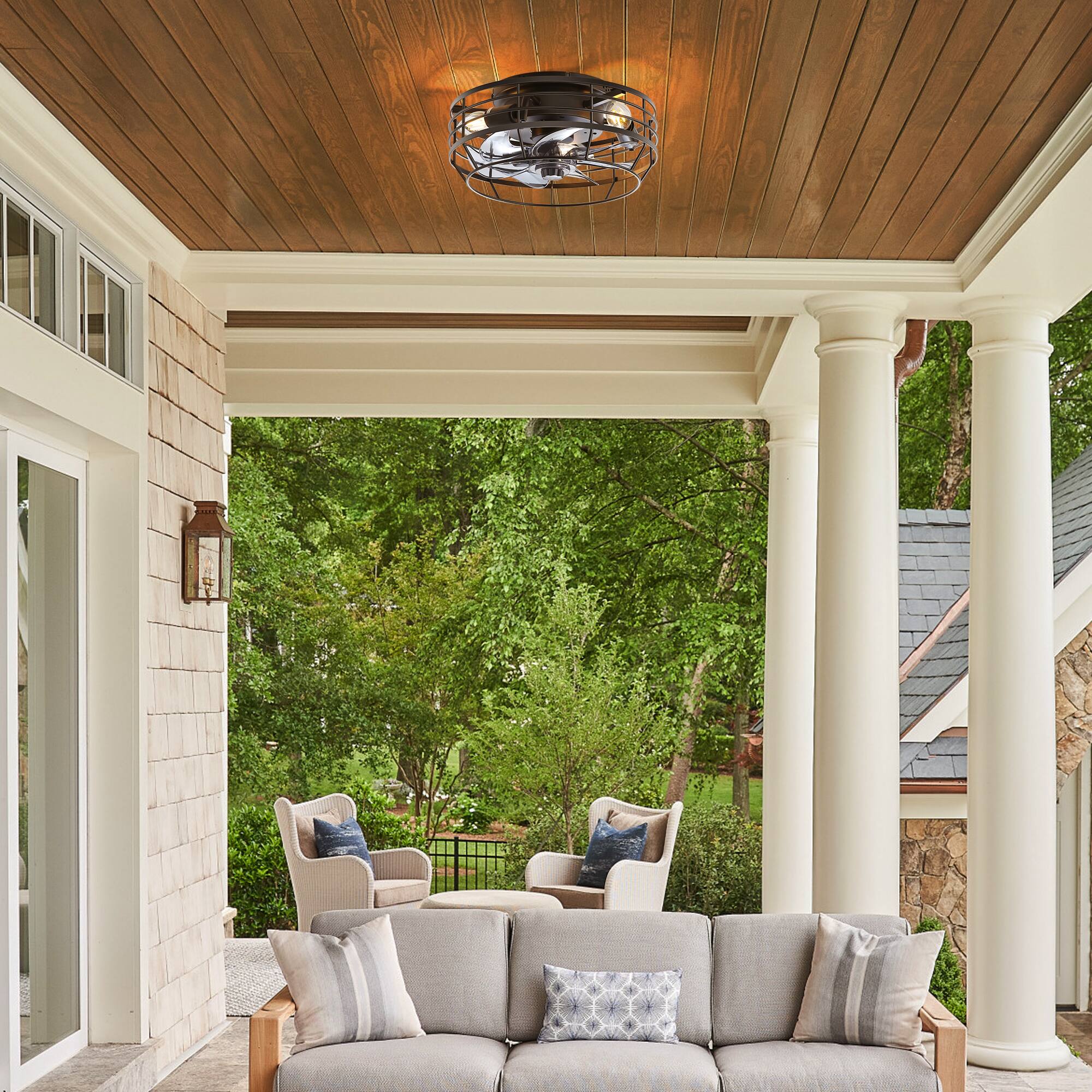 Alt View 2. Breezary - 12" Indoor Flush Mount Cage Ceiling Fan with Remote, 7 Blades, 6-Speed DC Motor, Timer & Memory, Compact for Small Rooms - Matte Black.