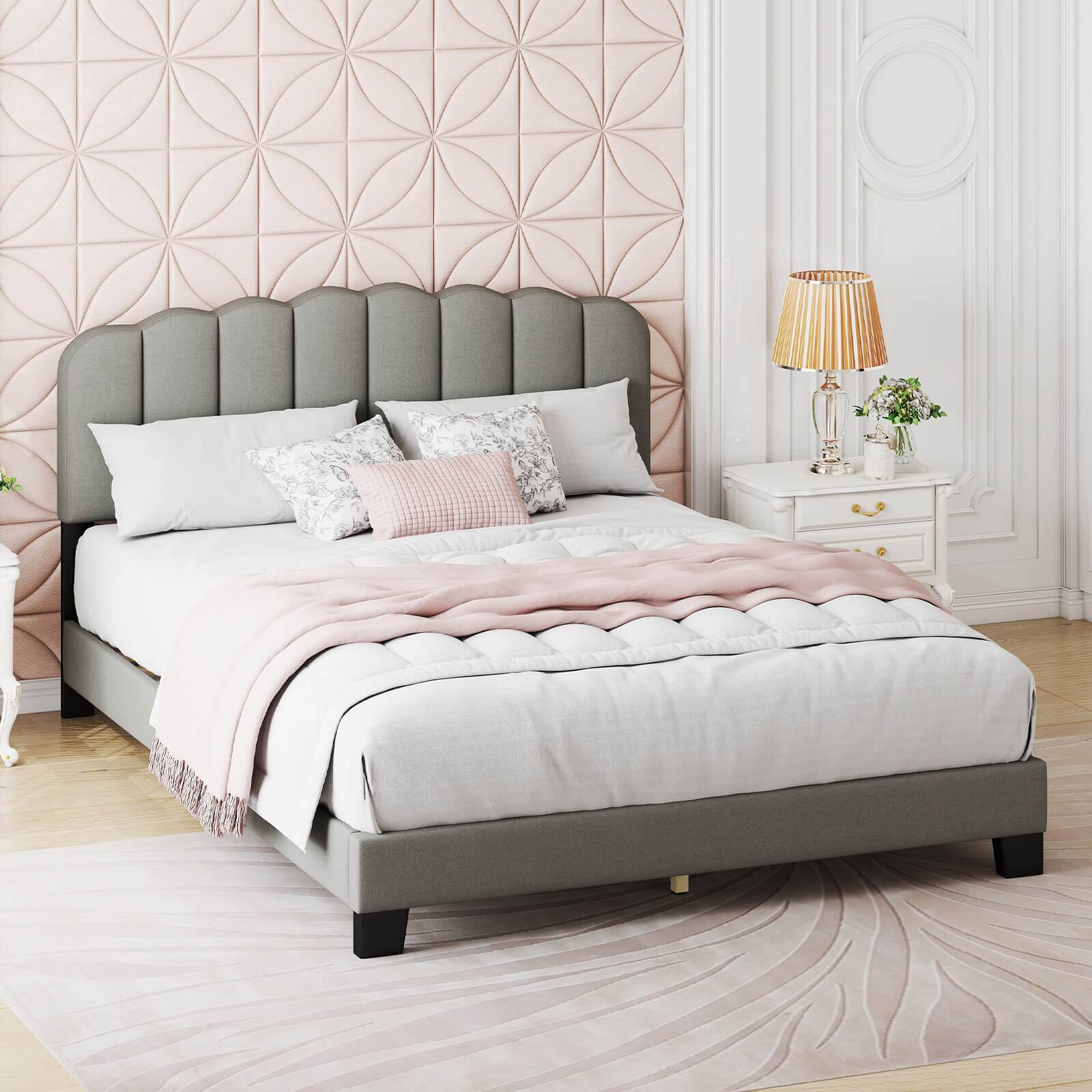 Alt View 7. Costway - Costway Queen Size Bed Frame Linen Upholstered Platform Bed with Wooden Slat Support - Gray.