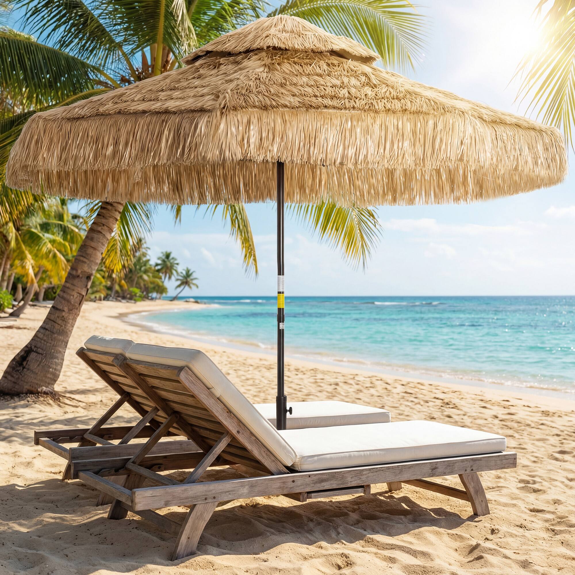 Alt View 8. Outsunny - FT Hula Thatched Tiki Patio Umbrella, 2-Tier Tropical Hawaiian Style Outdoor Umbrella with 8 Ribs - Khaki.