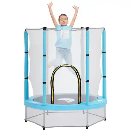 Front. Qaba - 4.6FT Trampoline, Enclosure Net, Mini Trampoline, Indoor Outdoor, Gifts, Dolphin Pattern - Light Blue.