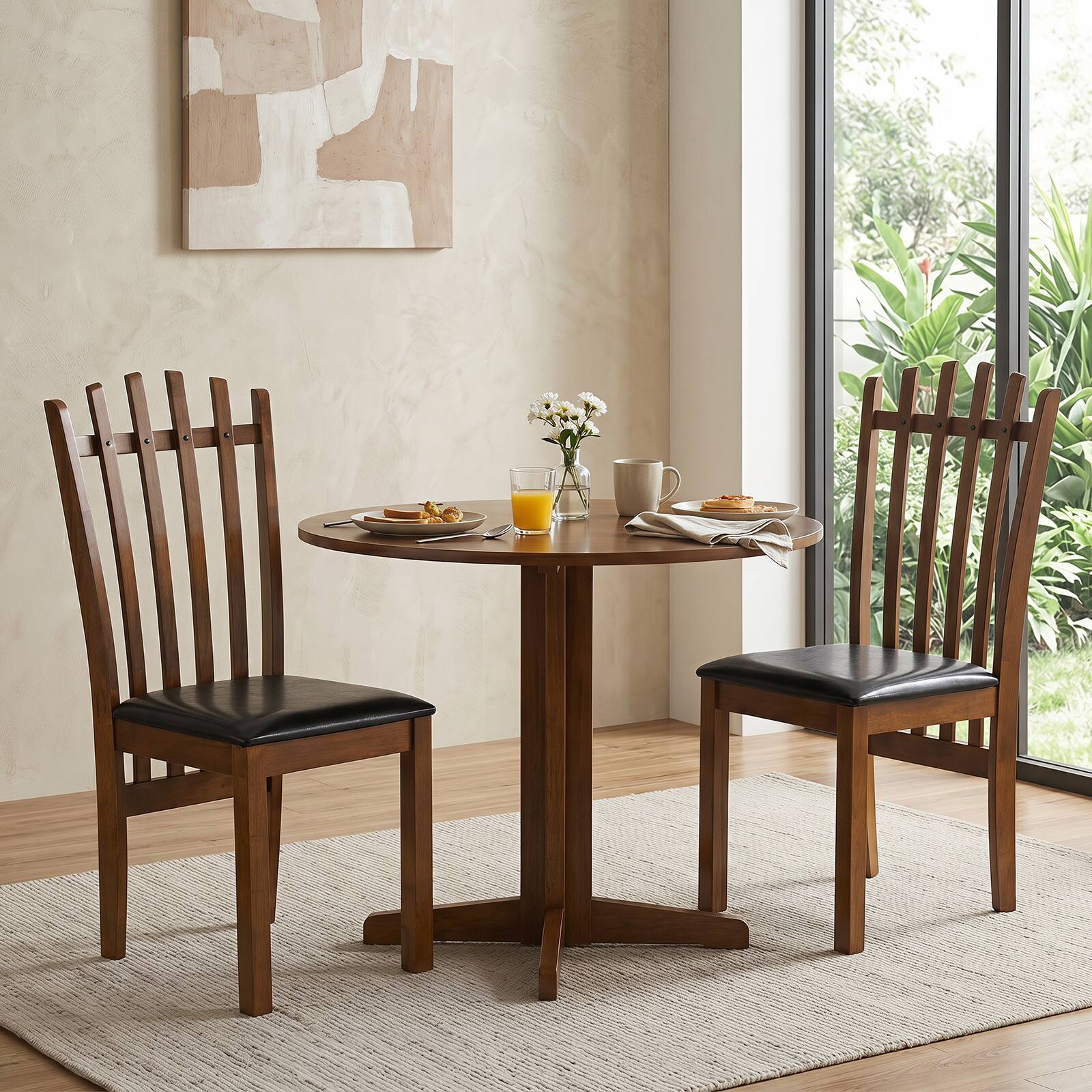 Alt View 1. Costway - Costway Wooden Dining Chair Set of 2, Windsor Kitchen Chairs with Spindle Back & PU Leather - Walnut+Black.