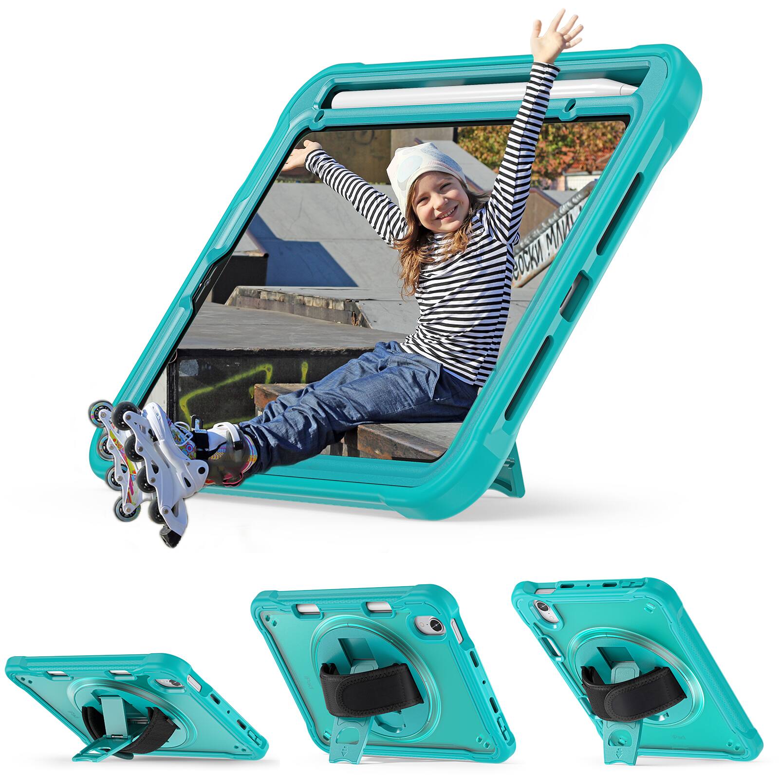 Left. UUCOVER - Built-in Screen Protector Case for iPad mini A17 Pro / mini 6th Gen,Shockproof TPU+PC Case Stand Cover+Shoulder Strap - Blue.