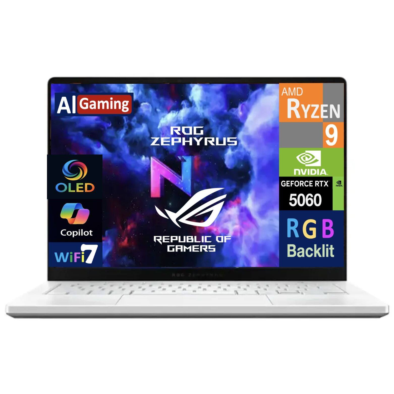 AI Gaming ROG ZEPHYRUS OLED N Copilot REPUBLIC OF GAMERS WiFi 77 AMD RYZEN 9 NVIDIA GEFORCE RTX 5060 RGB Backlit