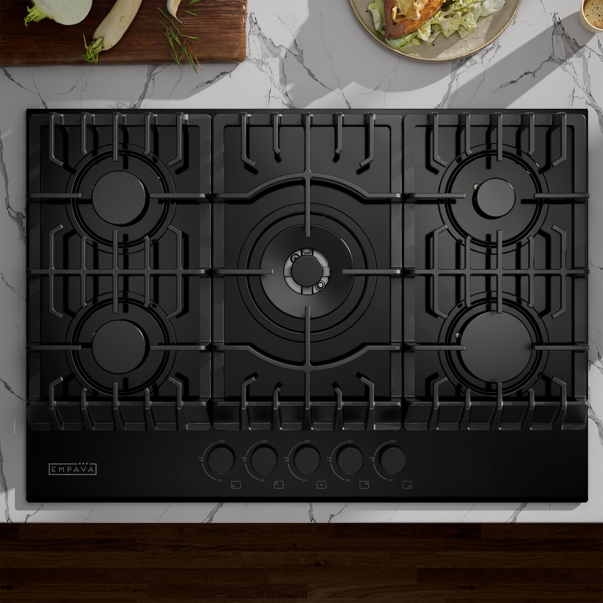 Alt View 4. Empava - 30 in. 5 Burners Recessed Gas on Glass Cooktop - Black.