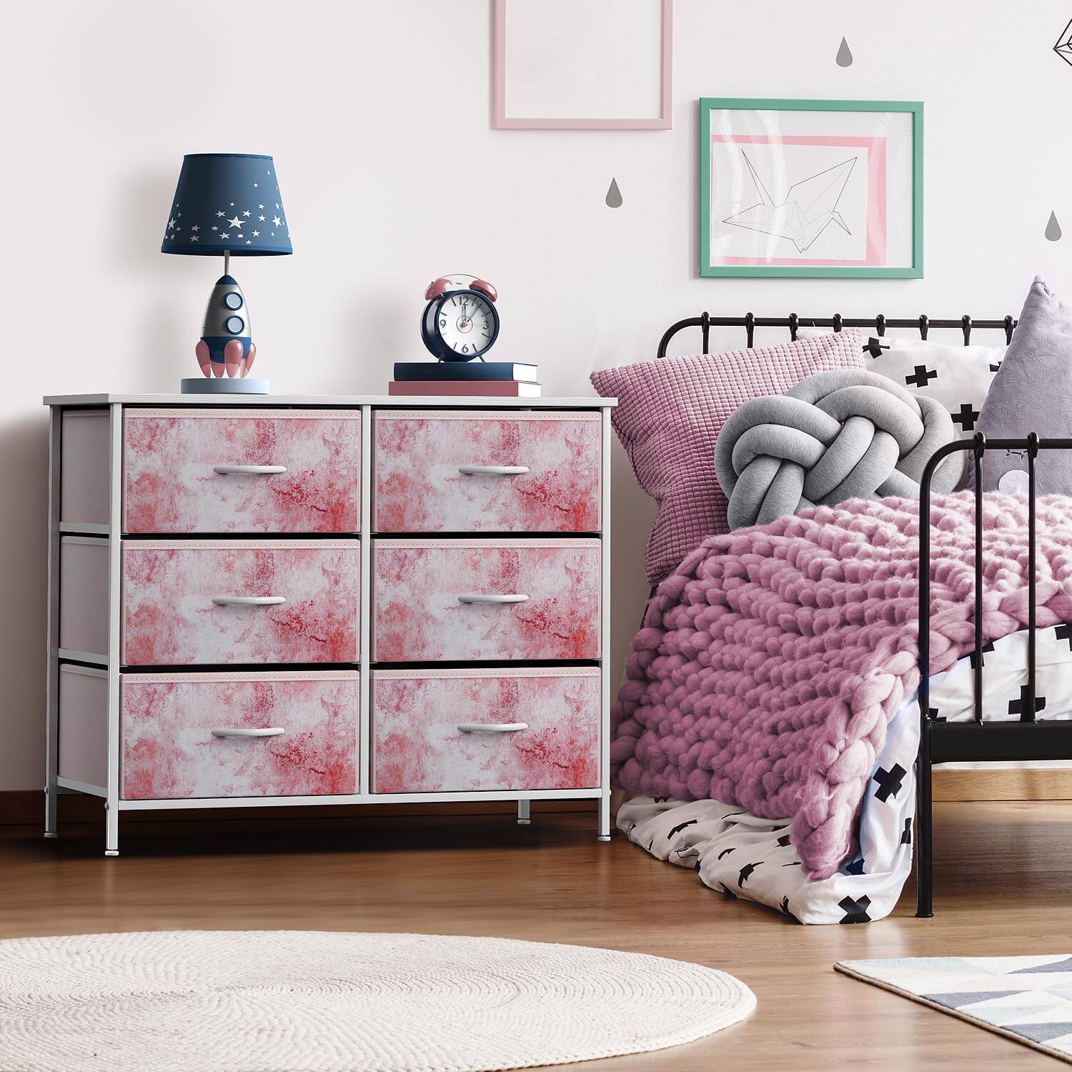 Angle. Sorbus - Sorbus Dresser with 6 Drawers, Furniture Storage Tower Unit for Bedroom, Hallway, Closet Wood Top Fabric Drawers Chest - Tie dye Pink.