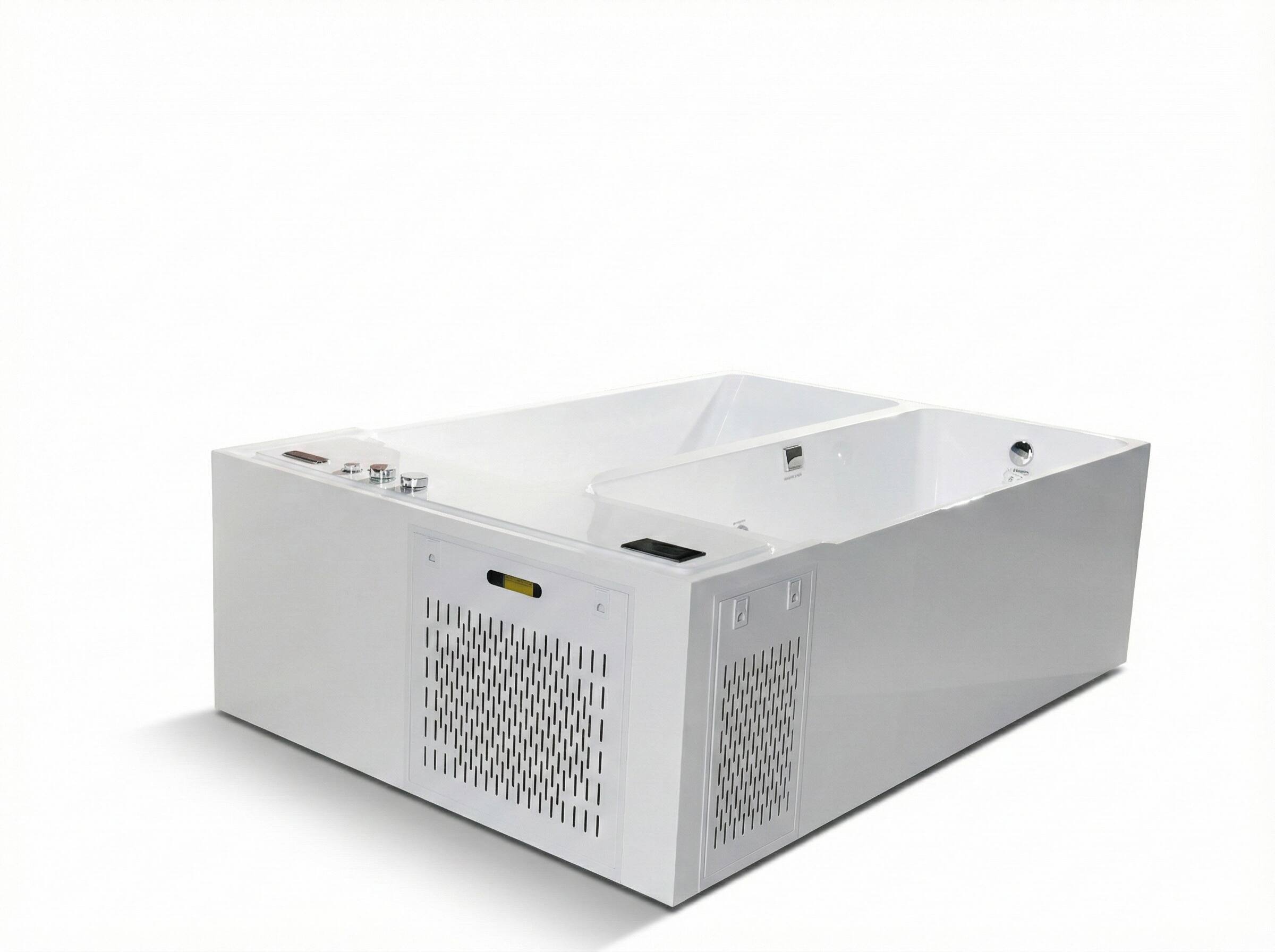 Angle. Empava - 78 in. x 55 in. Dual Zone Cold Plunge - Ozone - Chiller - Heater and 20 Jets Whirlpool Bathtub - Thermostat in White - White.