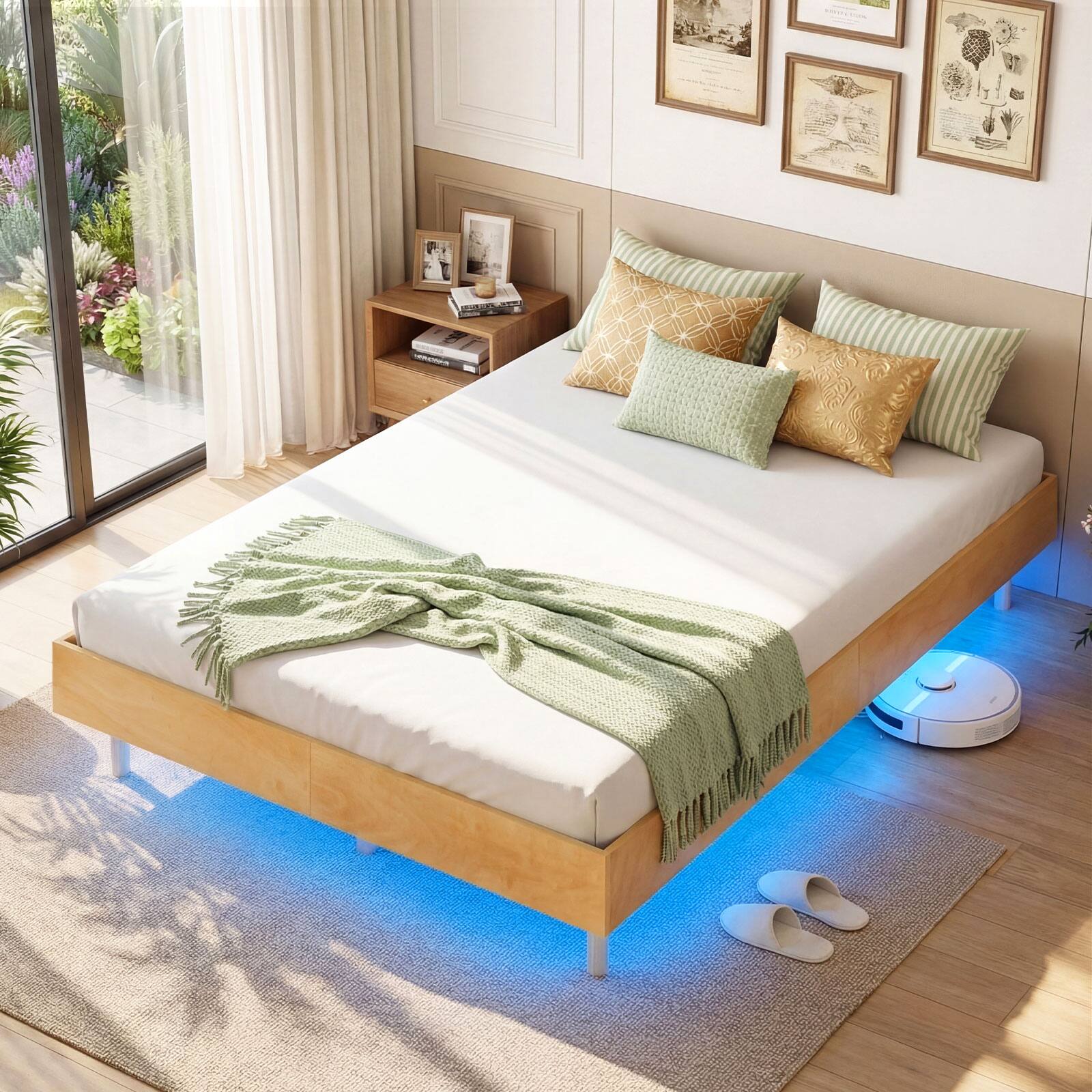 Alt View 4. Costway - Costway Full Size Floating Bed Frame with LED Lights, 12 Inch Modern Wood Platform Bed - Natural.