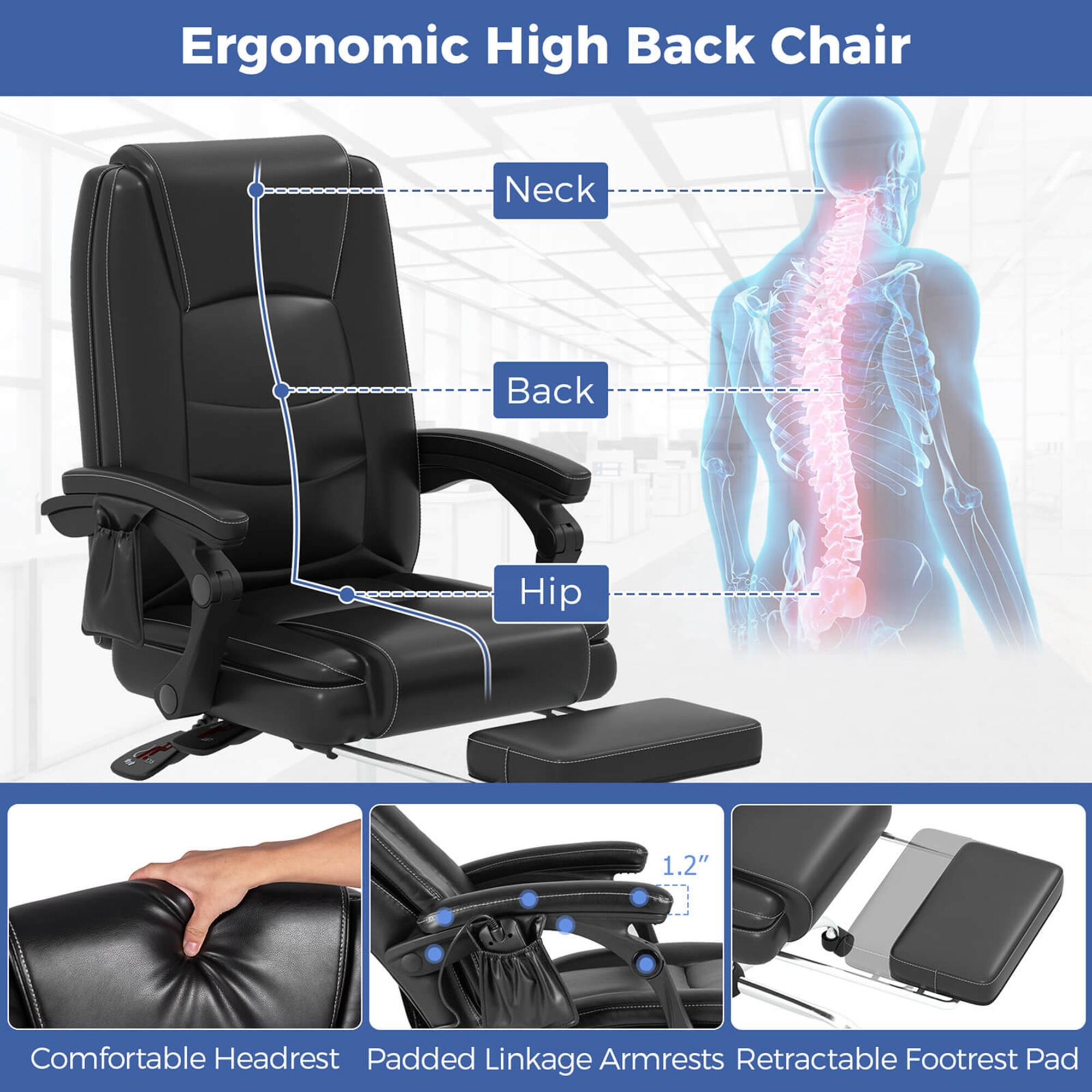 Ergonomic High Back Chair: Neck, Back, Hip, 1.2" Comfortable Headrest, Padded Linkage Armrests, Retractable Footrest Pad