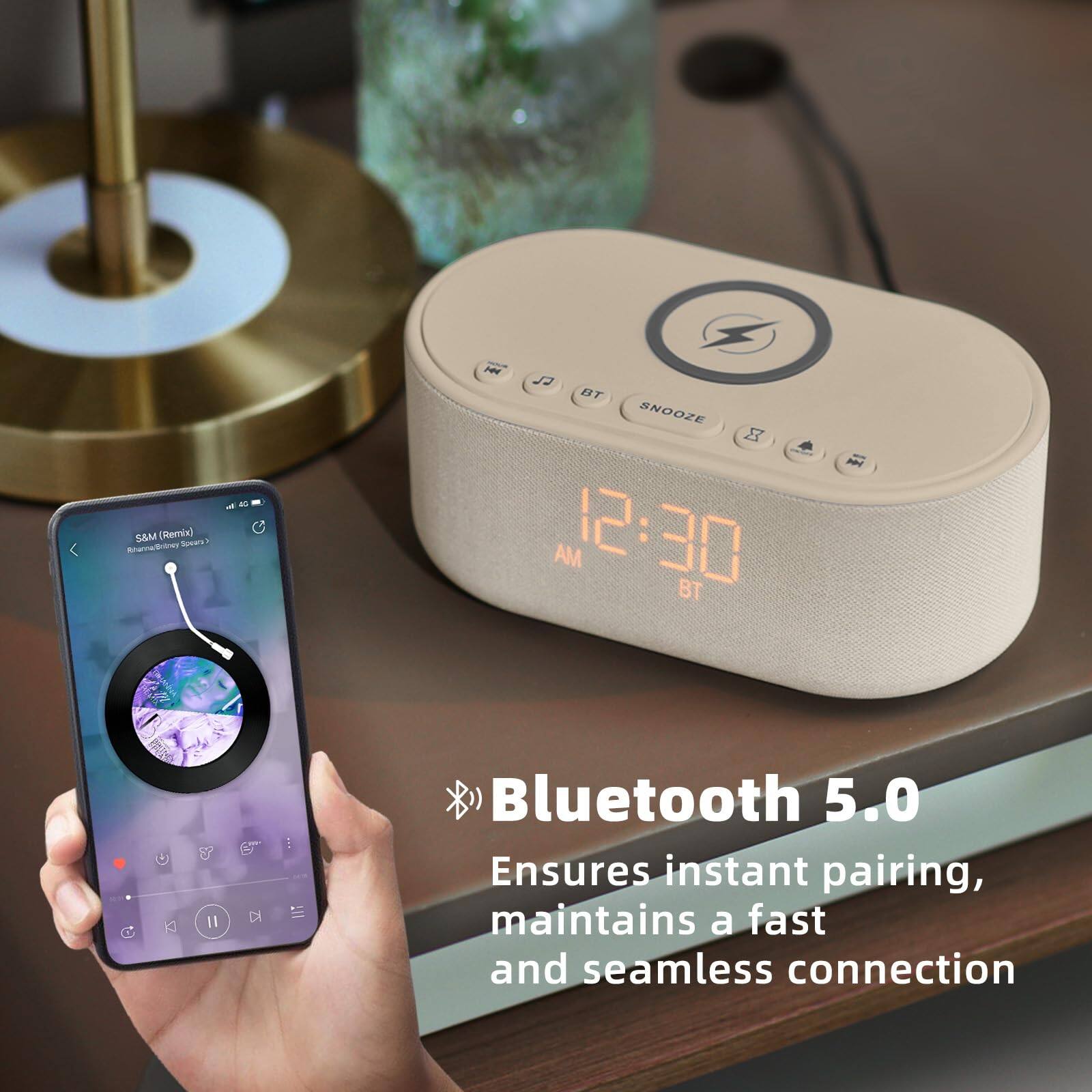 Sure, here is the corrected and grouped text:

---

**Bluetooth 5.0**  
Ensures instant pairing, maintains a fast and seamless connection

---

**S&M (Remix)**  
Ainoriay Soes H JJ BT SNOOZE 8 + AM 12:30 BT 1 1 D

---

**12:30**  
AM  
BT

---