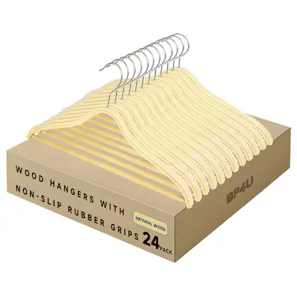 WOOD HANGERS WITH NON-SLIP RUBBER GRIPS
NATURAL WOOD
24 PACK
BP4U