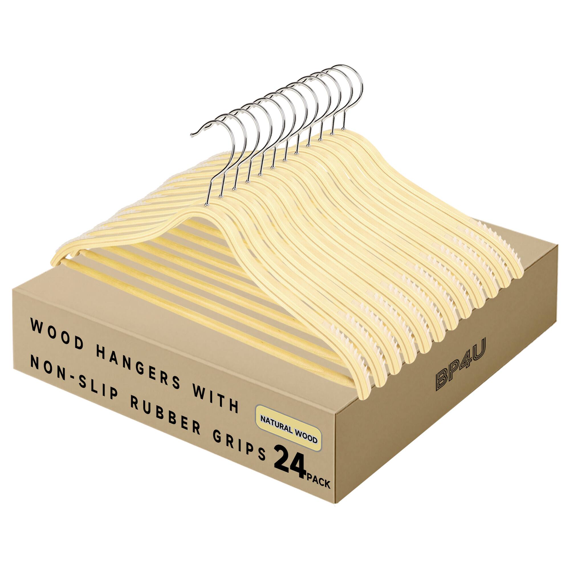 WOOD HANGERS WITH NON-SLIP RUBBER GRIPS  
NATURAL WOOD  
24 PACK  
BP4U