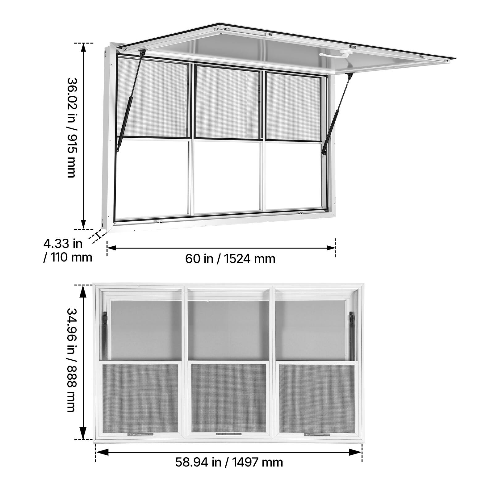36.02 in / 915 mm  
4.33 in / 110 mm  
34.96 in / 888 mm  
60 in / 1524 mm  
58.94 in / 1497 mm