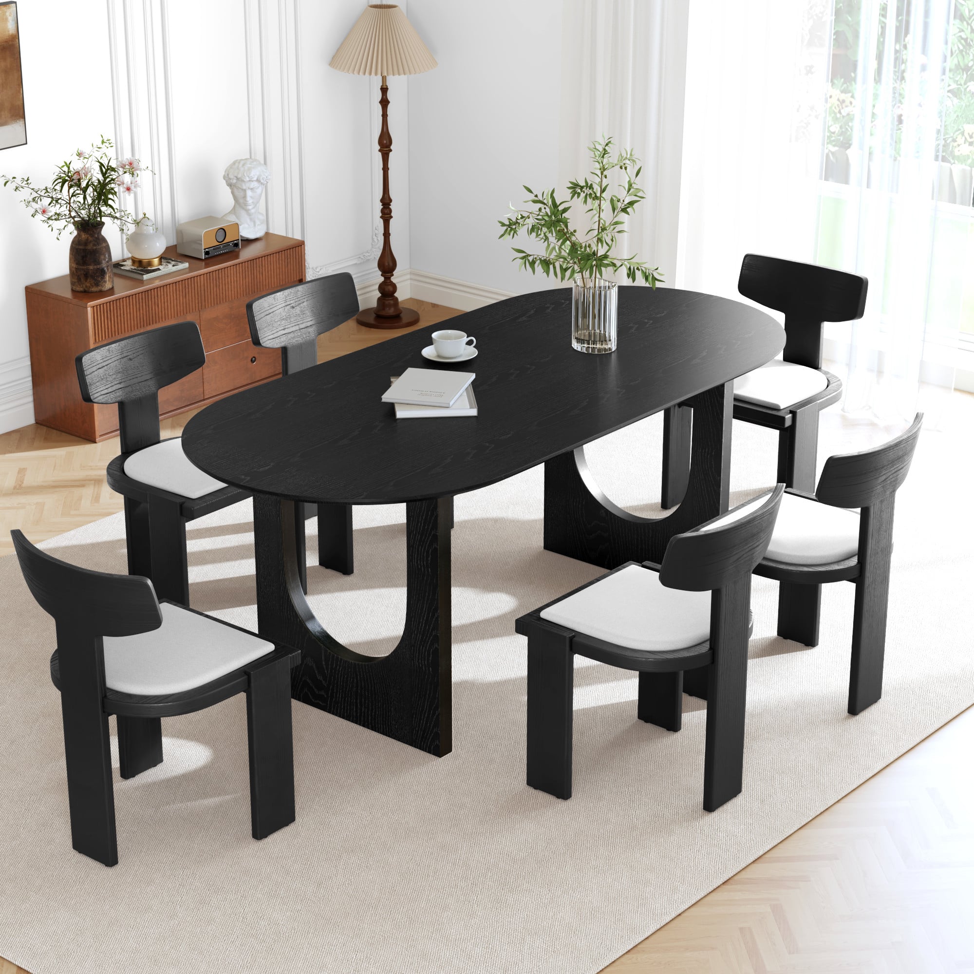 Lirago - 67" Solid Wood Oval Dining Table with Double Pedestal Large Kitchen Table Seats 6 for Dining Room - Black