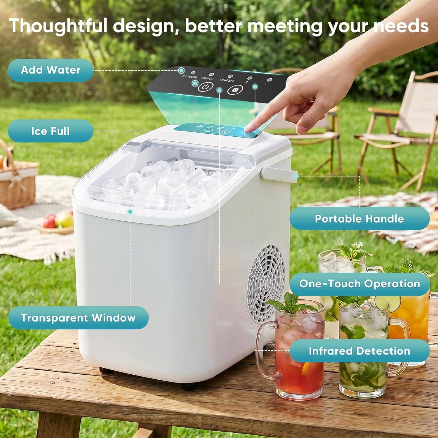 Thoughtful design, better meeting your needs

- Add Water
- Ice Full
- Portable Handle
- One-Touch Operation
- Transparent Window
- Infrared Detection