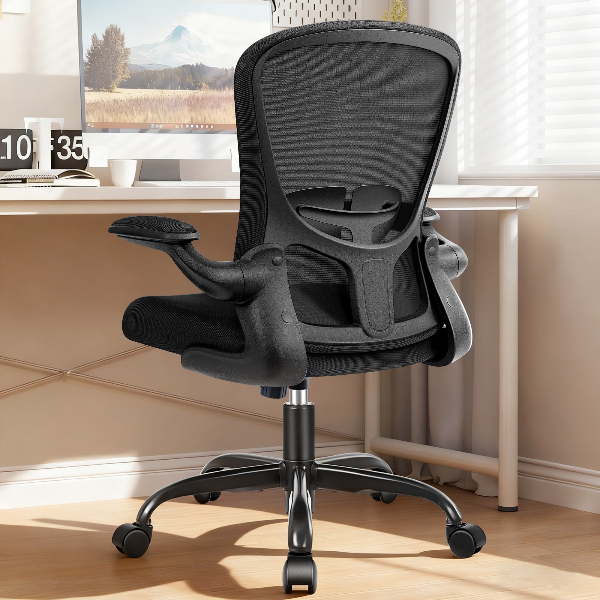 Front. KERDOM - Ergonomic Desk Chair, Swivel Computer Chair with Flip-up Arms, Adjustable Lumbar Support & Height, Breathable Mesh, Tilt - Black.