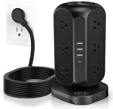 Front. FINEAK - Space-Saving Power Tower-12 AC Outlets, 4 USB-C, Surge Protector - Black.