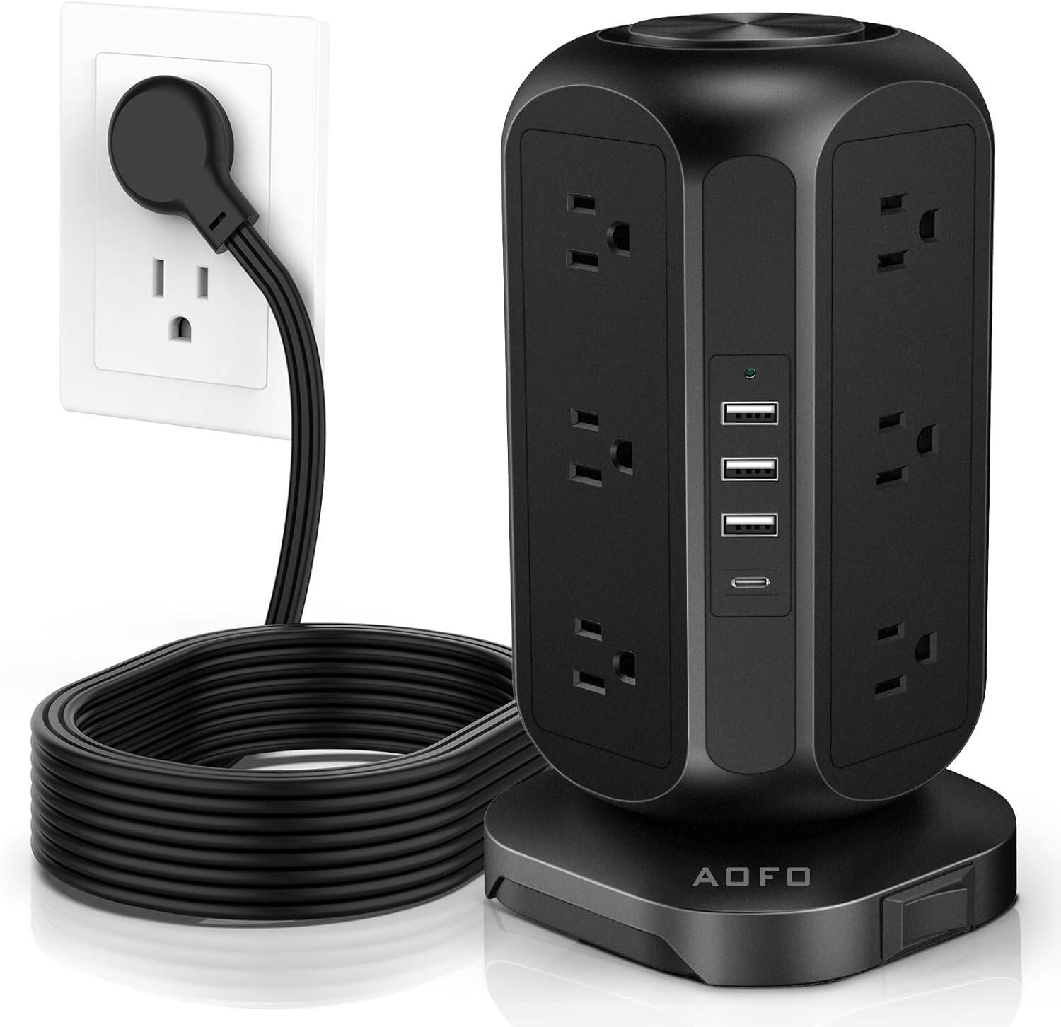 Front. FINEAK - Space-Saving Power Tower-12 AC Outlets, 4 USB-C, Surge Protector - Black.