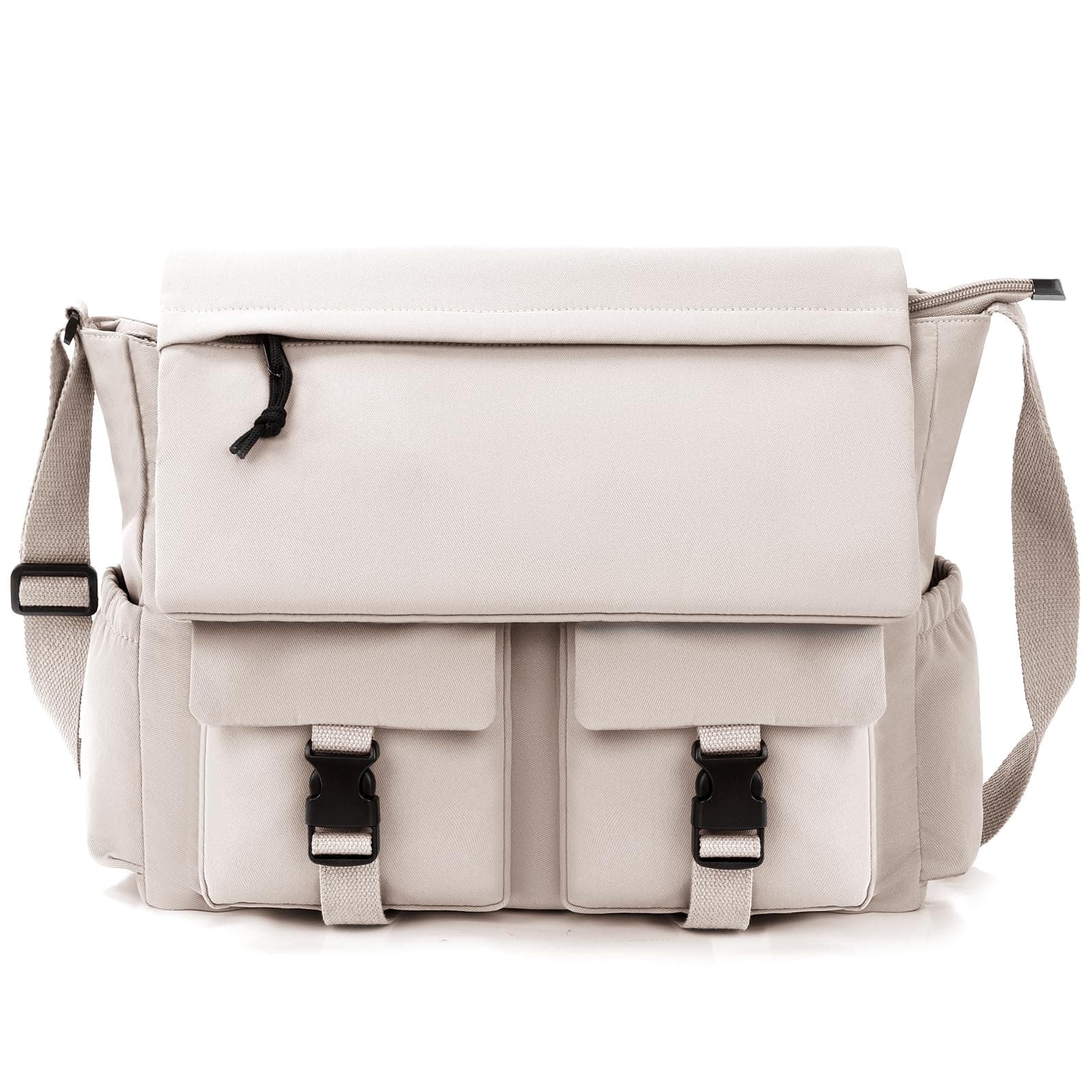 Front. Wikistore - WIKISTORE Canvas Messenger Bag for Women Men Crossbody Laptop Bag with Adjustable Strap Vintage Style White - White.