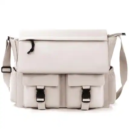 Front. Wikistore - WIKISTORE Canvas Messenger Bag for Women Men Crossbody Laptop Bag with Adjustable Strap Vintage Style White - White.