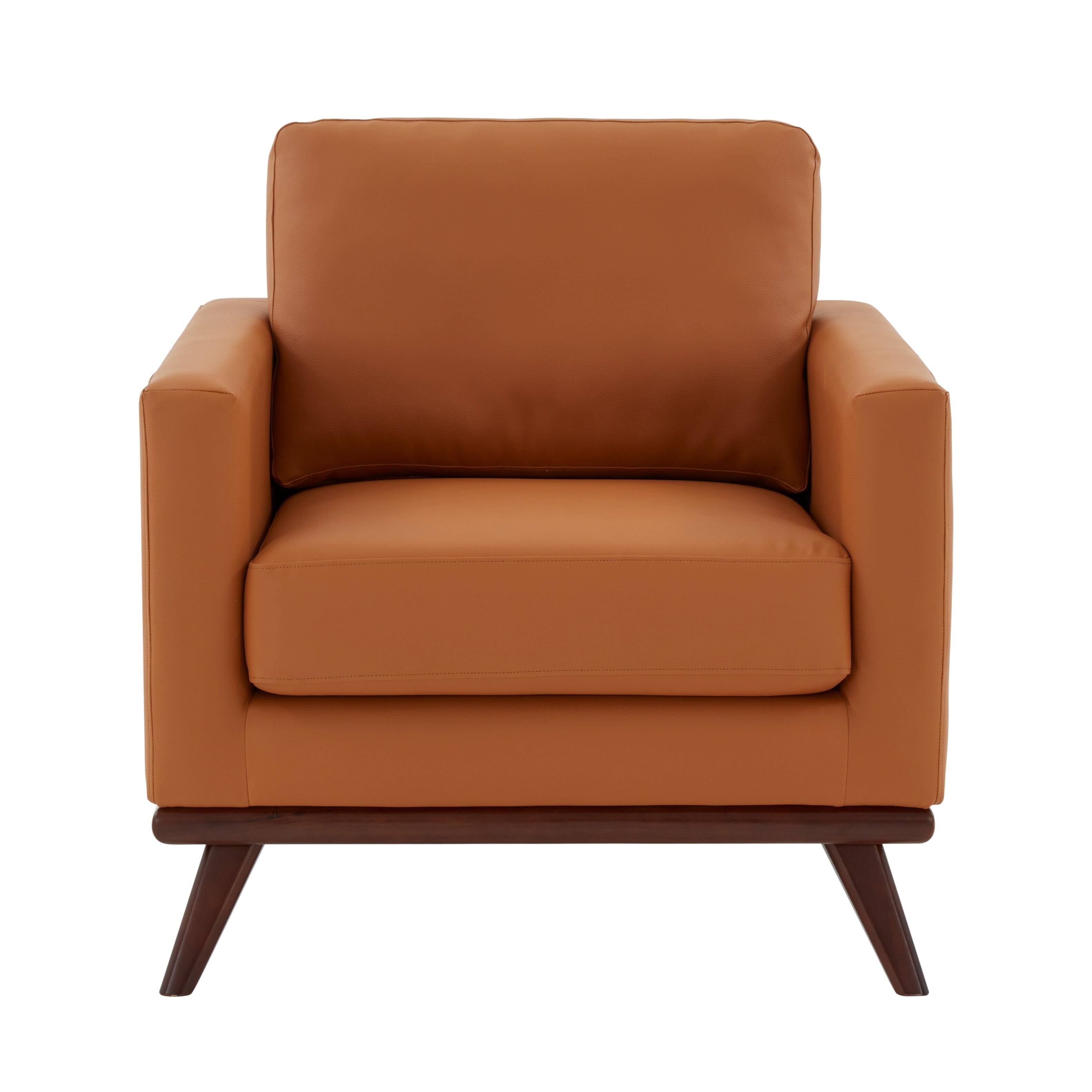 Left. LeisureMod - Chester Mid-Century Modern Leather Accent Chair, Birch Wood Frame Armchair - Easy Assembly - Cognac Tan.