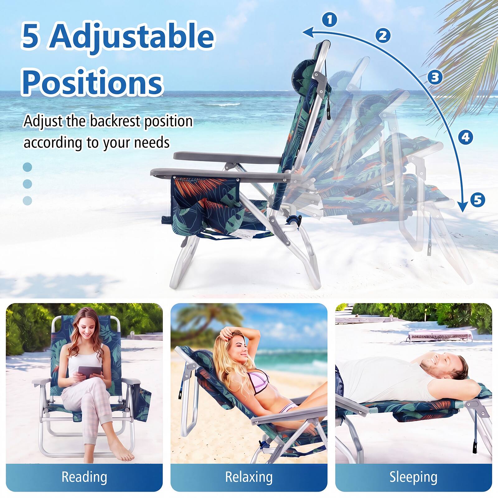 5 Adjustable Positions  
Adjust the backrest position according to your needs  
1 2 3 4 5  
Reading  
Relaxing  
Sleeping