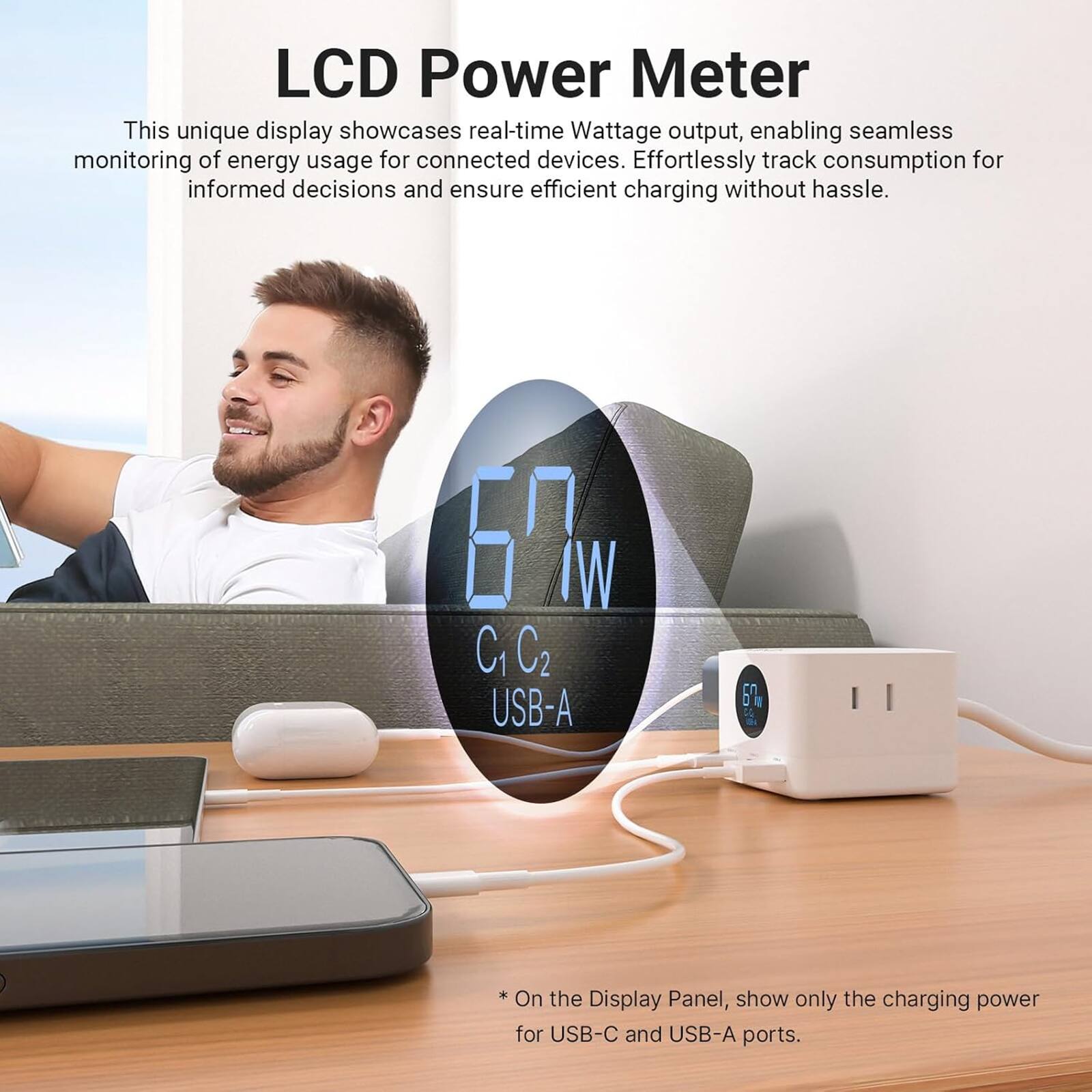 LCD Power Meter: This unique display showcases real-time Wattage output, enabling seamless monitoring of energy usage for connected devices. Effortlessly track consumption for informed decisions and ensure efficient charging without hassle. BW W C1C2 USB-A 60%. On the display panel, only charging power for USB-C and USB-A ports is shown.