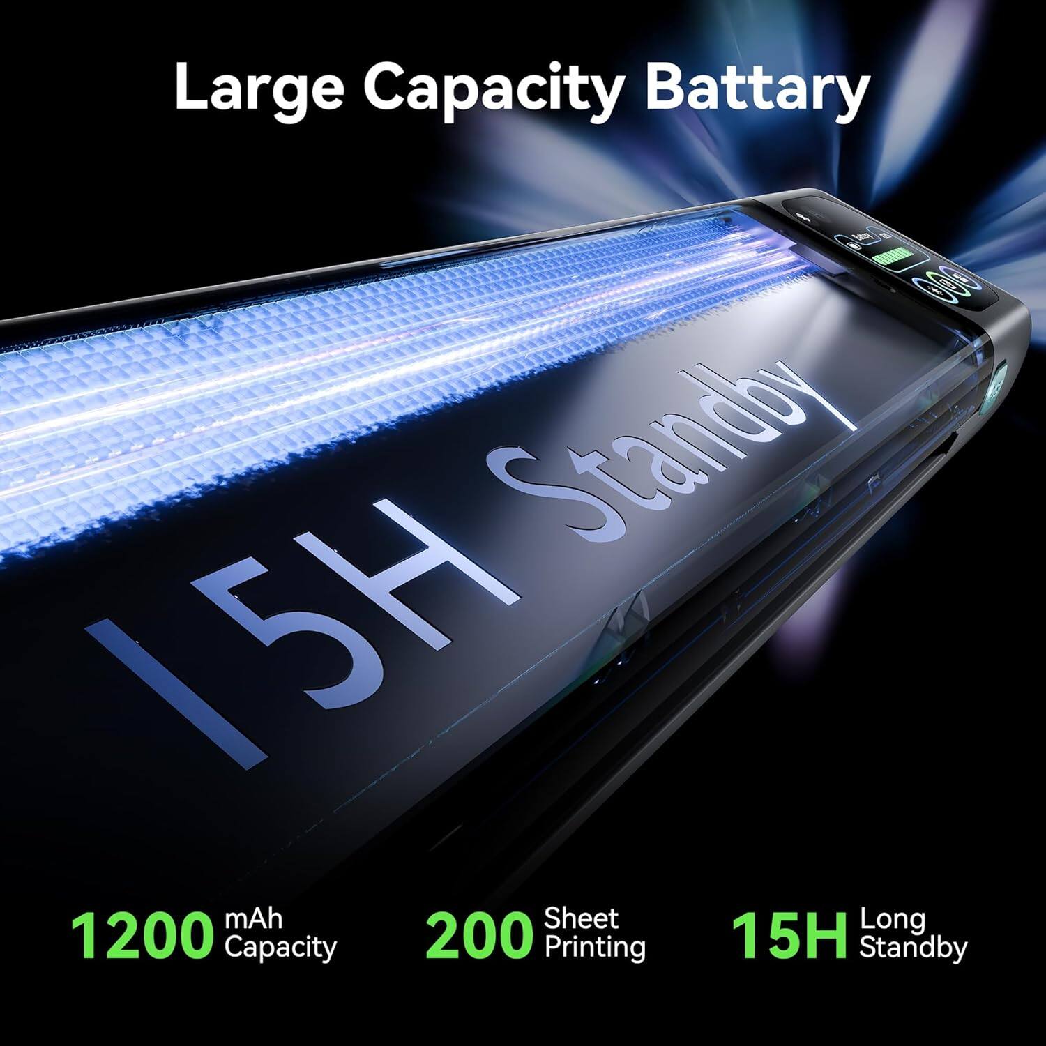 Large Capacity Battery  
15H Standby  
1200 mAh Capacity  
200 Sheet Printing  
15H Long Standby