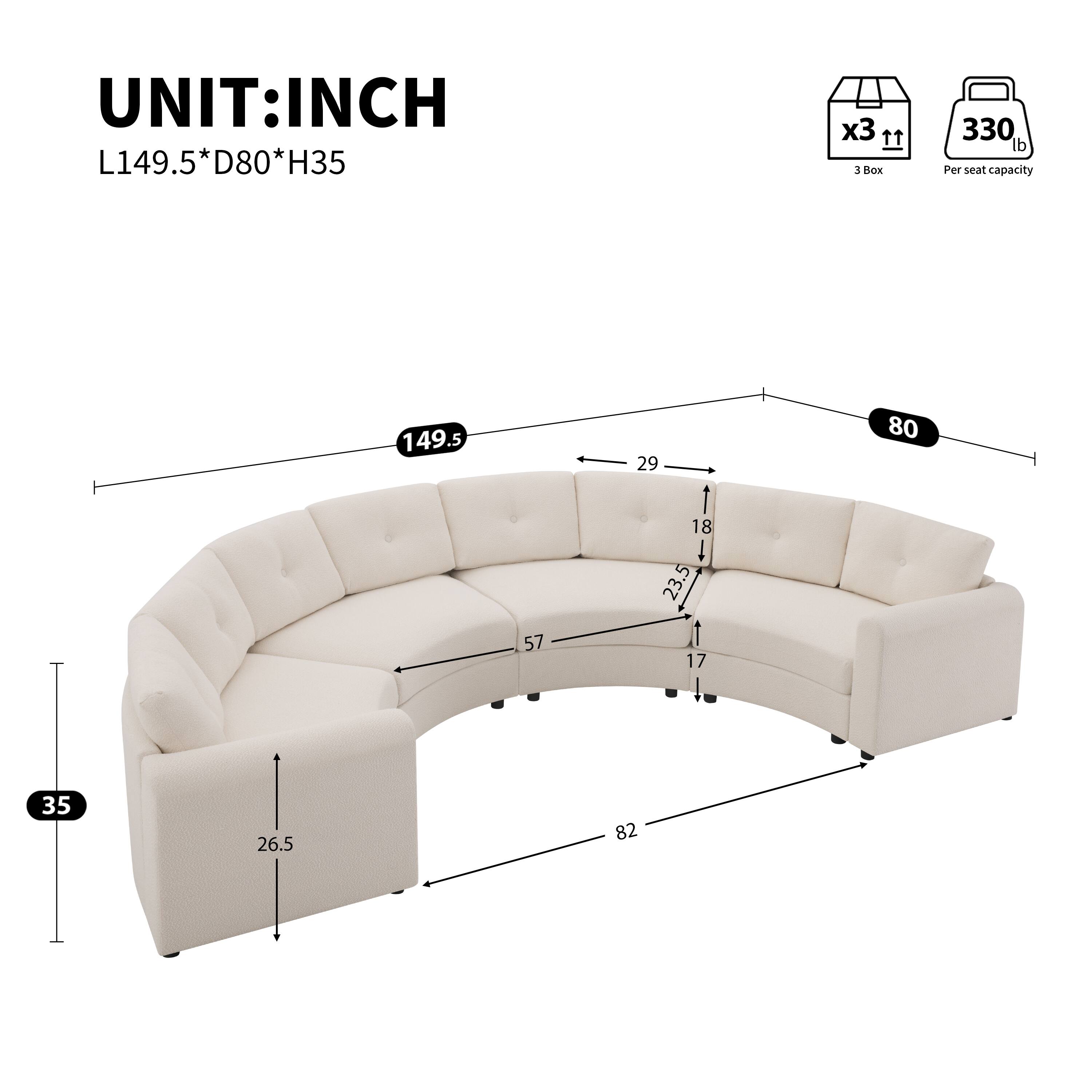 UNIT: INCH  
L149.5 * D80 * H35  

3 Box  
Per seat capacity 330 lb  

149.5  
57  
29  
18  
23.5  
17  
80  
35  
26.5  
82
