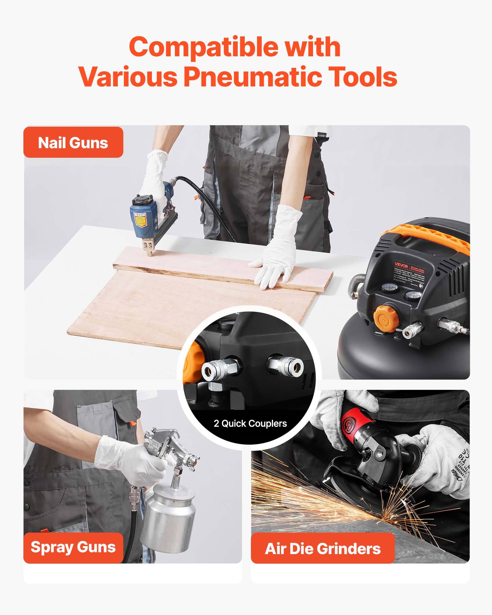 Compatible with Various Pneumatic Tools

- Nail Guns
- Spray Guns
- Air Die Grinders

2 Quick Couplers