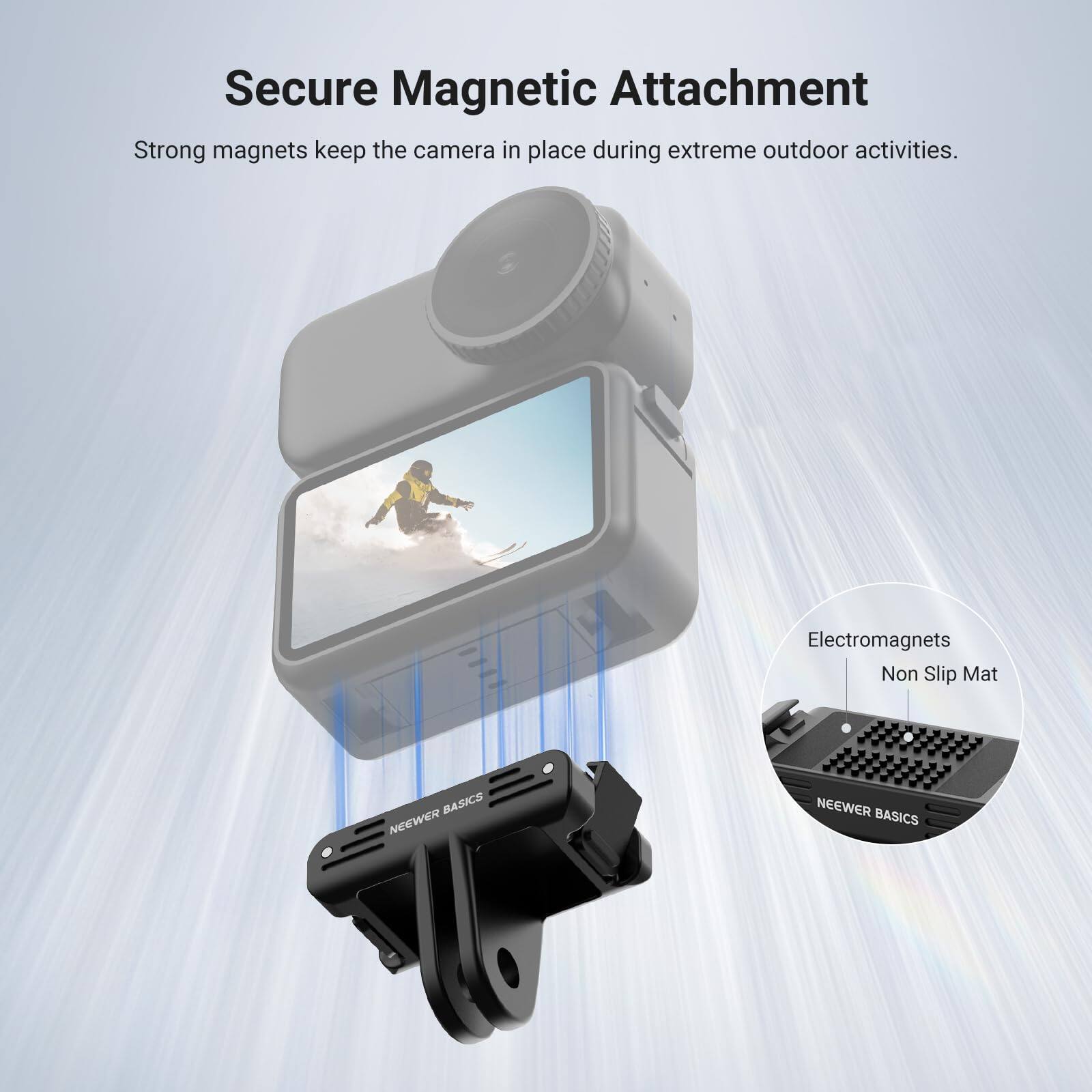 Secure Magnetic Attachment  
Strong magnets keep the camera in place during extreme outdoor activities.  

Electromagnets  
Non Slip Mat  

NEEWER BASICS  
NEEWER BASICS