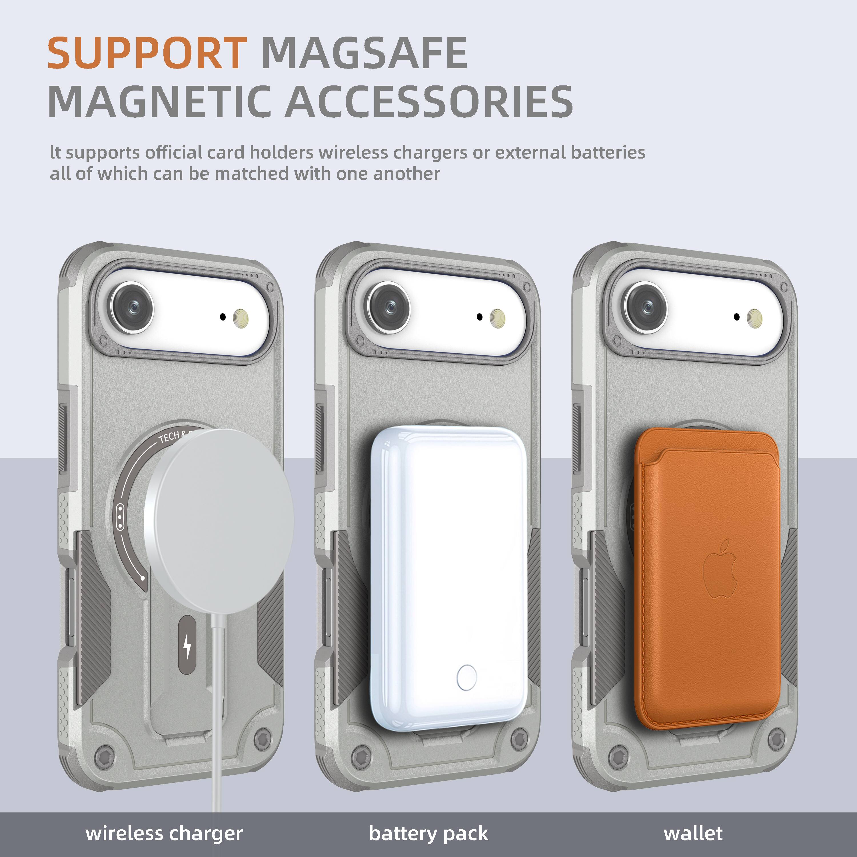 SUPPORT MAGSAFE MAGNETIC ACCESSORIES

It supports official card holders, wireless chargers, or external batteries, all of which can be matched with one another.

wireless charger  
battery pack  
wallet