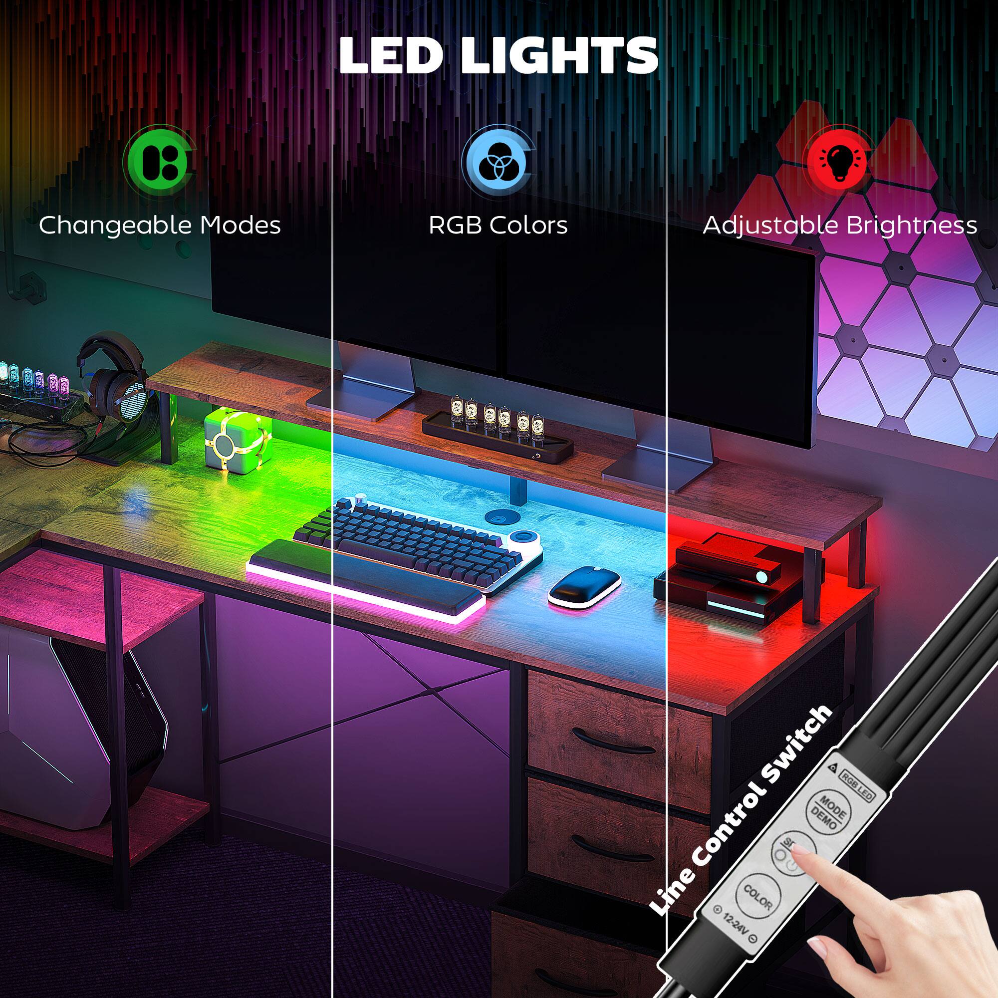 LED LIGHTS
Changeable Modes
RGB Colors
Adjustable Brightness
Line Control Switch
A HOB LED
RGE LED
DEMO MODE
Control S
Line
COLOR
12-24V e