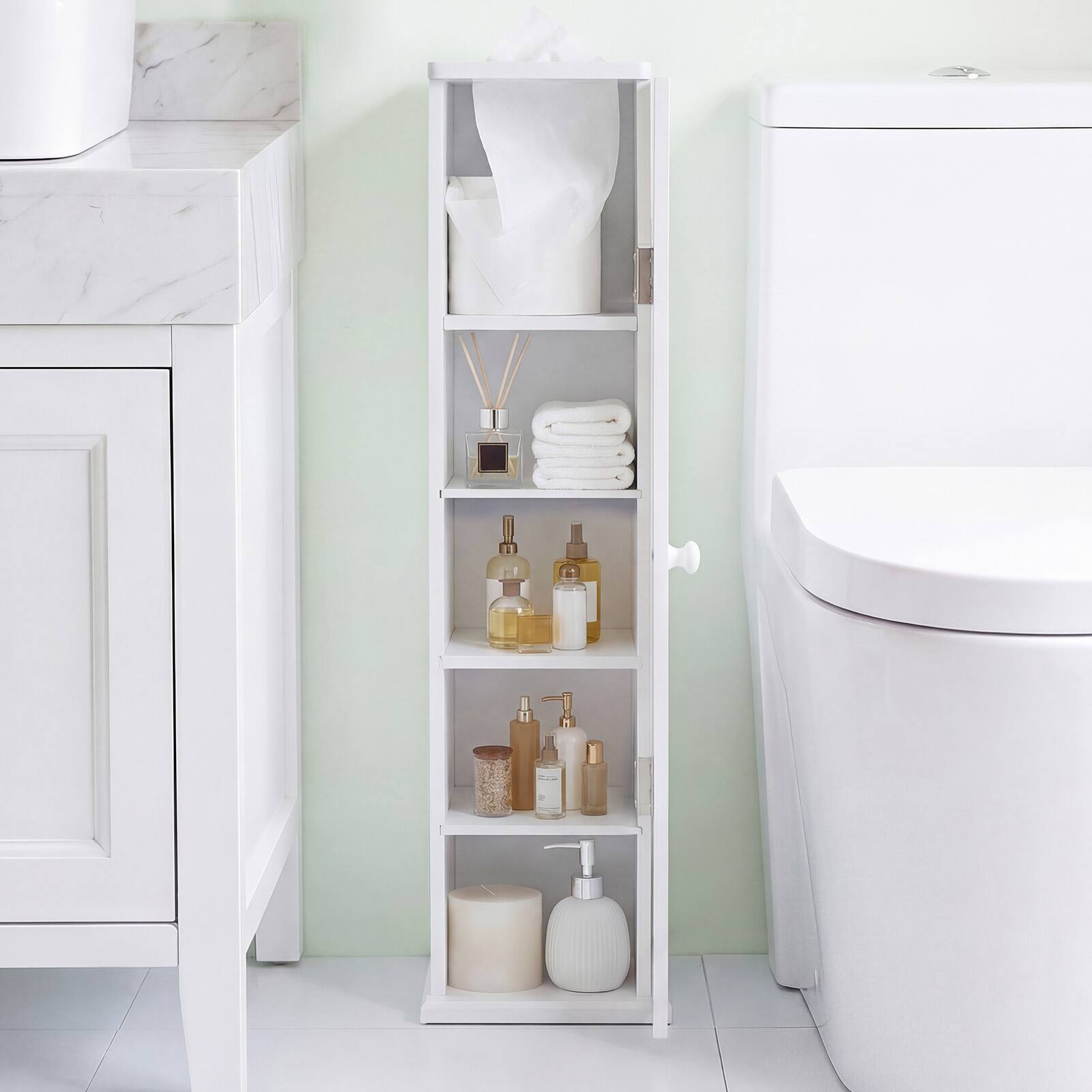 Alt View 1. Costway - Costway Slim Floor Cabinet with Door, Freestanding Wooden Storage Organizer w/ Removable Shelves - White.