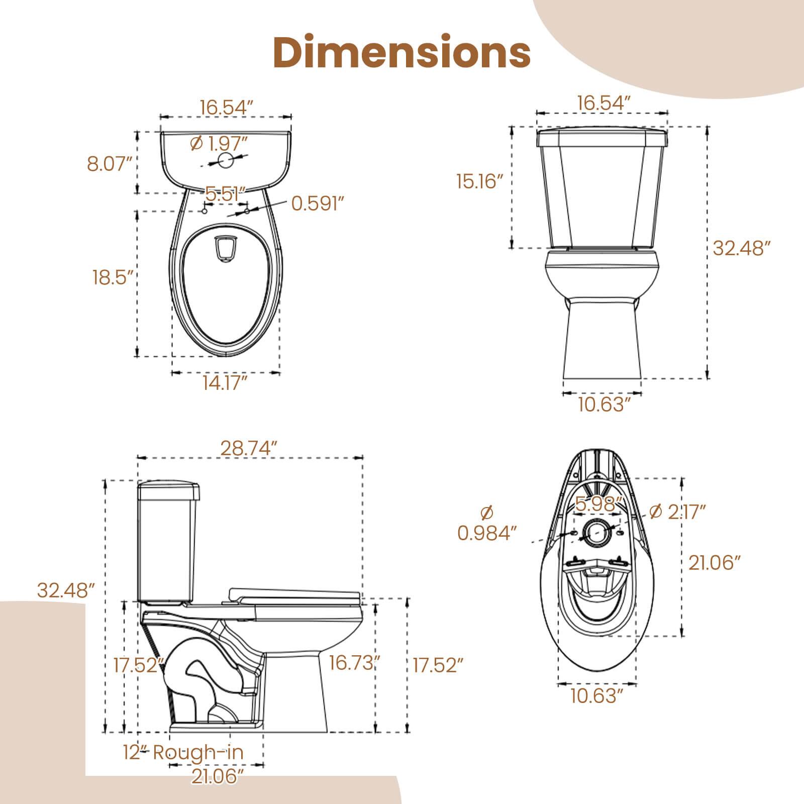 Dimensions

- 16.54"
- 16.54"
- 8.07"
- 1.97"
- 5.51"
- 0.591"
- 15.16"
- 18.5"
- 32.48"
- 14.17"
- 10.63"
- 28.74"
- 32.48"
- 0.984"
- 5.98"
- 2.17"
- 21.06"
- 17.52"
- 16.73"
- 17.52"
- 10.63"
- 12" Rough-in
- 21.06"