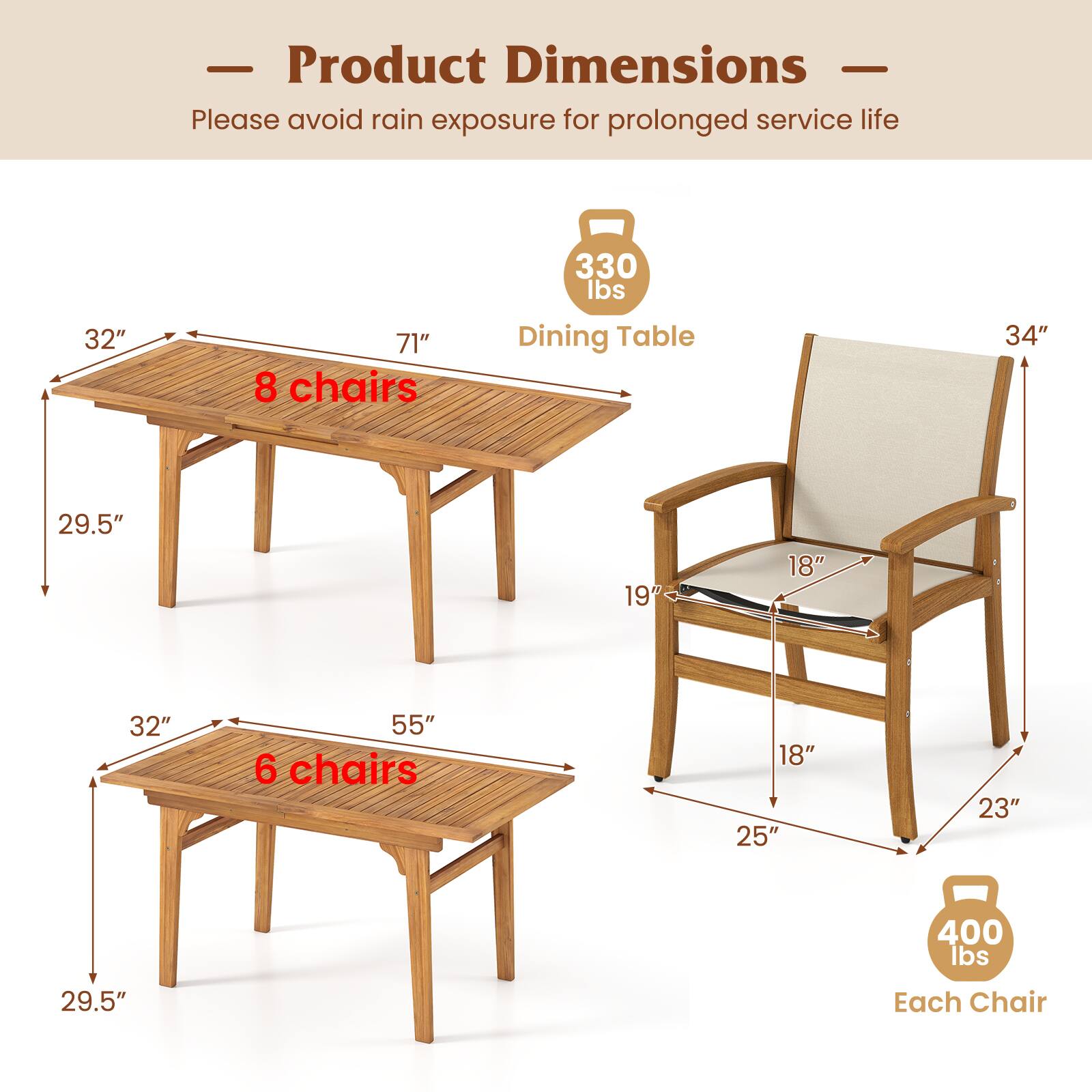 - Product Dimensions
- Please avoid rain exposure for prolonged service life

**Dining Table (8 chairs)**
- 32" x 71" x 29.5"
- Weight: 330 lbs

**Dining Table (6 chairs)**
- 32" x 55" x 29.5"
- Weight: 400 lbs

**Each Chair**
- 34" x 25" x 23"
- 19" x 18" x 18"