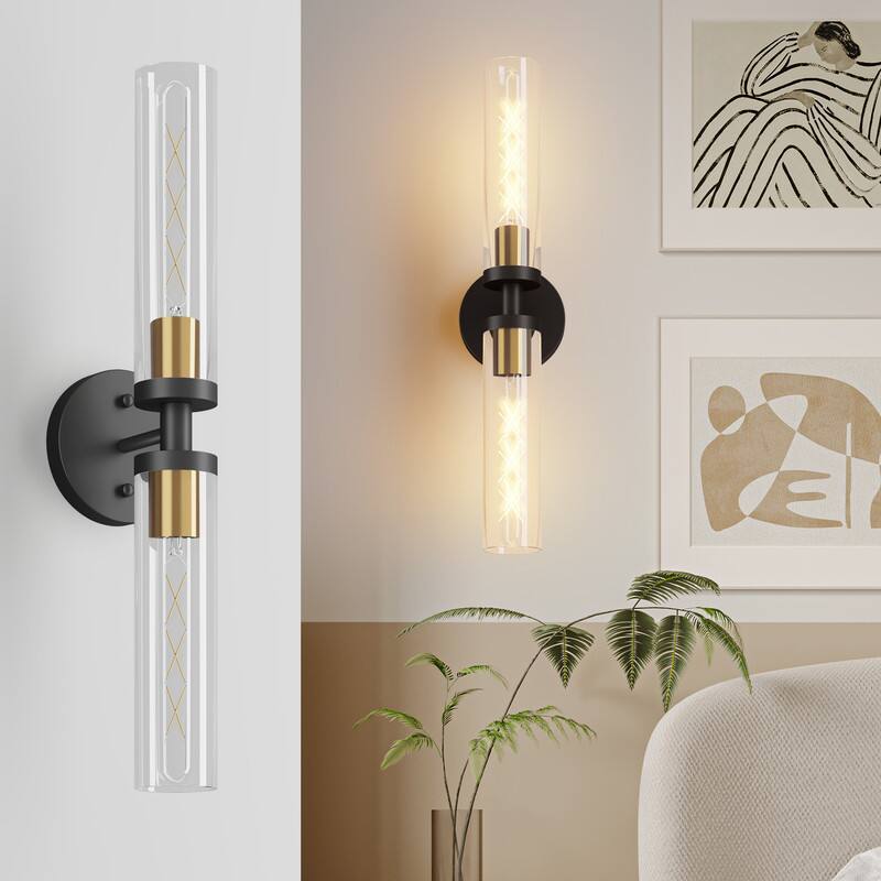 Angle. Adewalk - 22" Black Hardwired 2‑Pack Wall Sconces, Clear Glass Shade Modern Lights for Bathroom, Bedroom, Hallway & Living Room - Black.