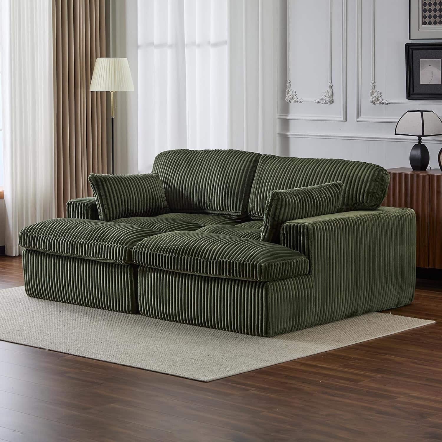 Trinkets Crazed - Modular Loveseat Double Chaise Lounge Sofa Corduroy Sectional Sofa Boneless Couch - Green