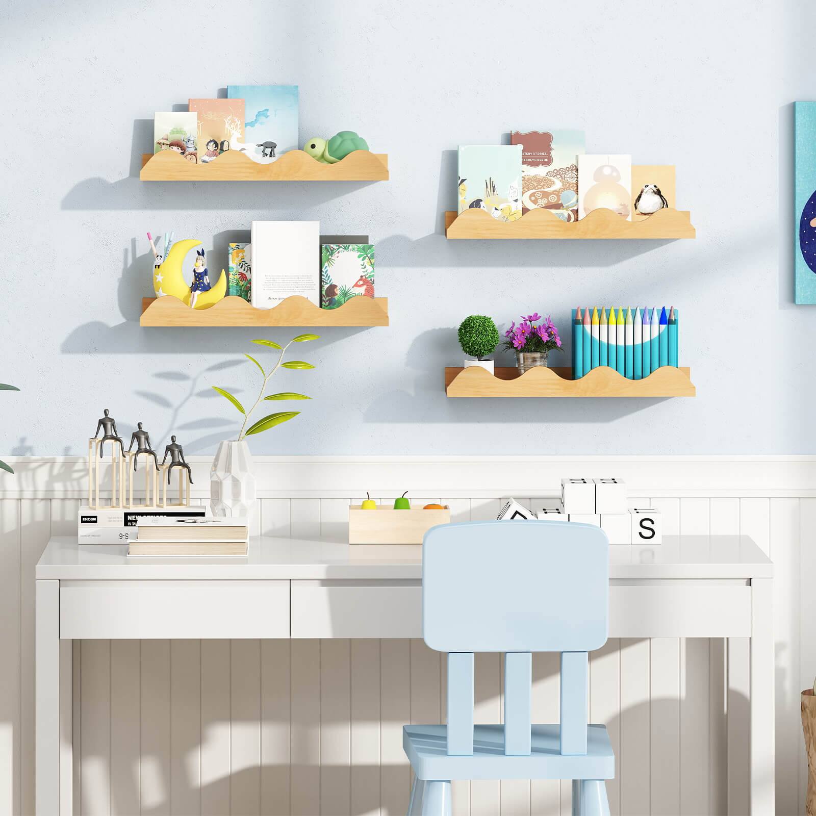 Alt View 4. Costway - Costway Kids Bookshelf Set of 4 with Fir Wood Structure & Wavy Anti-Falling Edge - Natural.