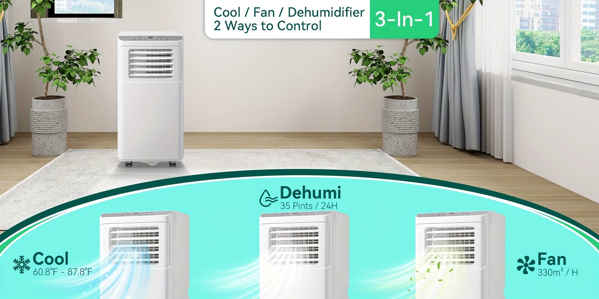 Cool / Fan / Dehumidifier  
3-In-1  
2 Ways to Control  

Cool  
60.8°F - 87.8°F  

Dehumidifier  
35 Pints / 24H  

Fan  
330m² / H