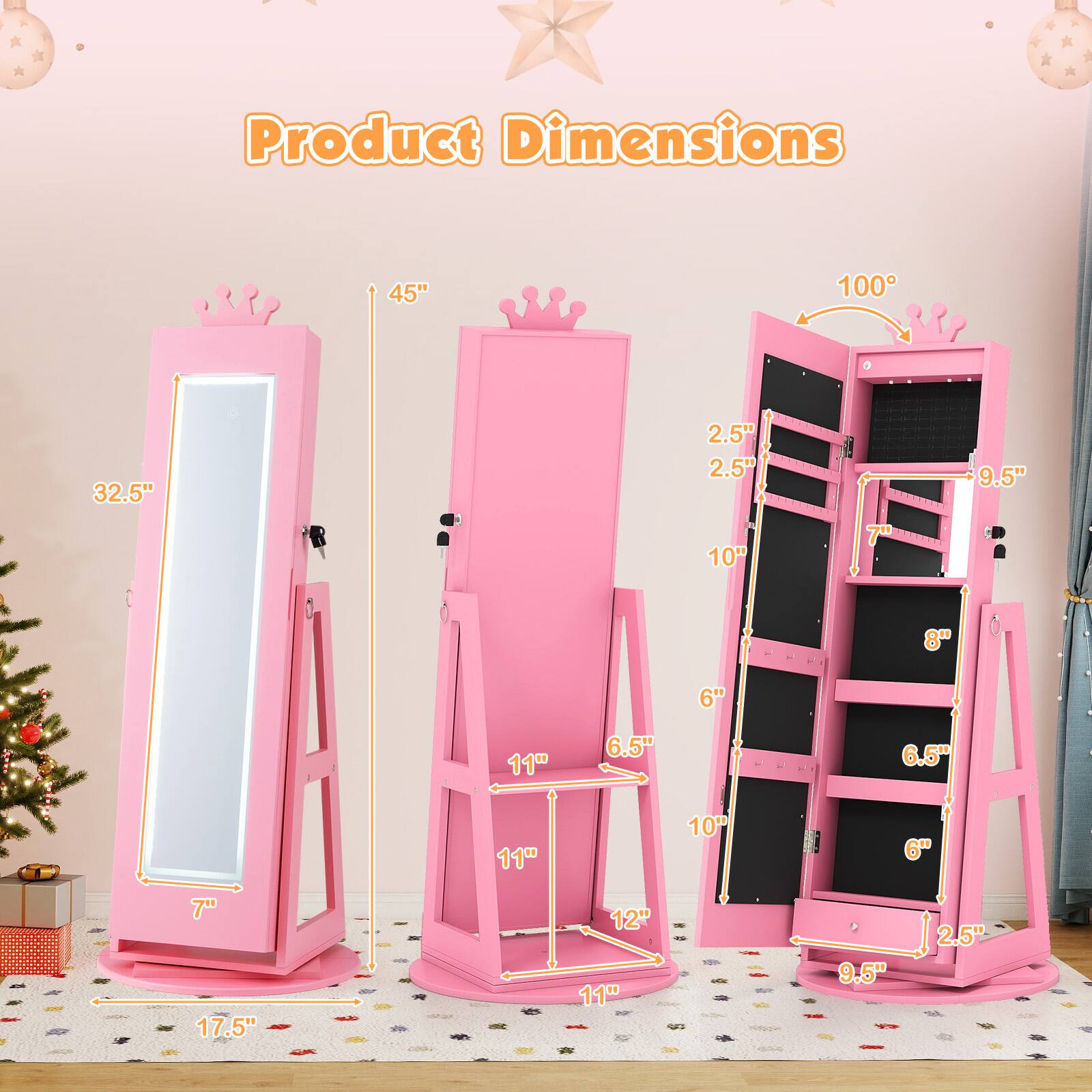 Product Dimensions

- Height: 45"
- Width: 32.5"
- Depth: 17.5"
- Mirror Height: 32.5"
- Mirror Width: 7"
- Shelf Height: 10"
- Shelf Depth: 6.5"
- Shelf Height: 8"
- Shelf Depth: 6.5"
- Shelf Height: 6"
- Shelf Depth: 6"
- Shelf Height: 11"
- Shelf Depth: 10"
- Shelf Height: 11"
- Shelf Depth: 9.5"
- Shelf Height: 2.5"
- Shelf Depth: 2.5"
- Total Height: 100°