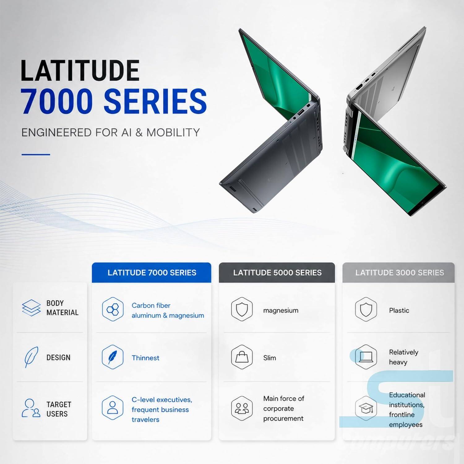 LATITUDE 7000 SERIES  
ENGINEERED FOR AI & MOBILITY  

LATITUDE 7000 SERIES  
BODY MATERIAL: Carbon fiber aluminum & magnesium  
DESIGN: Thinnest  
TARGET USERS: C-level executives, frequent business travelers  

LATITUDE 5000 SERIES  
BODY MATERIAL: Magnesium  
DESIGN: Slim  
TARGET USERS: Main force of corporate procurement  

LATITUDE 3000 SERIES  
BODY MATERIAL: Plastic  
DESIGN: Relatively heavy  
TARGET USERS: Educational institutions, frontline employees