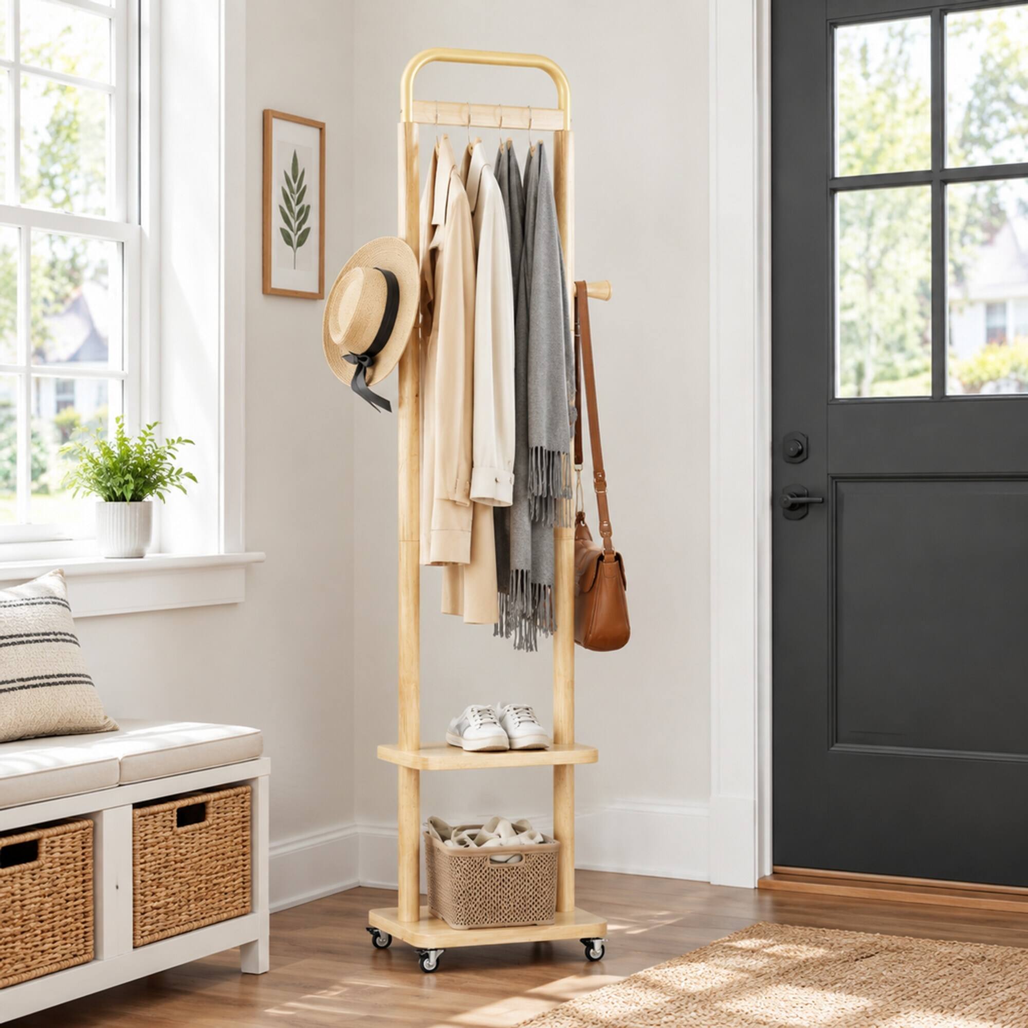 RYHNUYNE Solid Wood Coat Rack, 15.7 x 11.8 x 71 in, Wood Color, Space ...