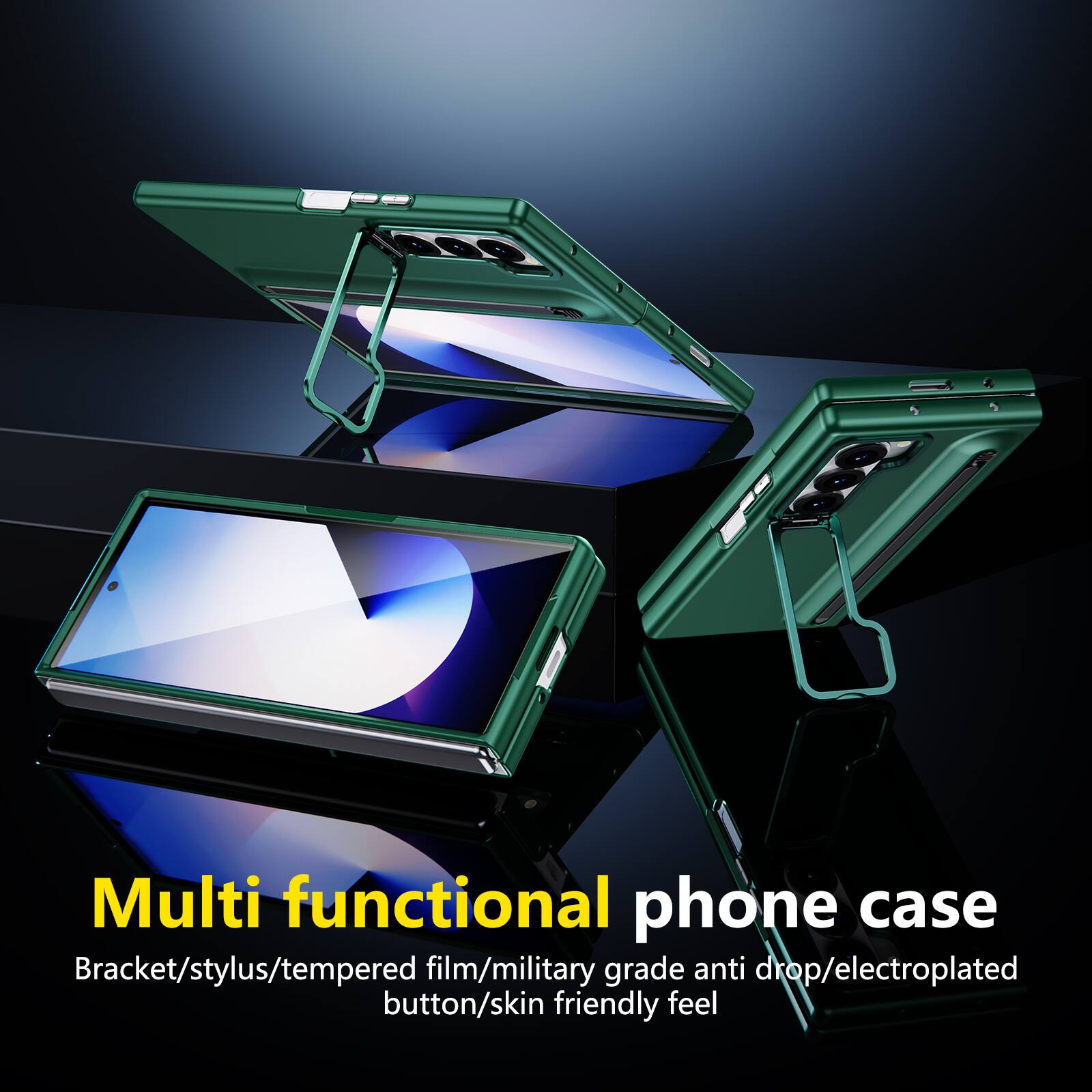 Multi functional phone case  
Bracket/stylus/tempered film/military grade anti drop/electroplated button/skin friendly feel