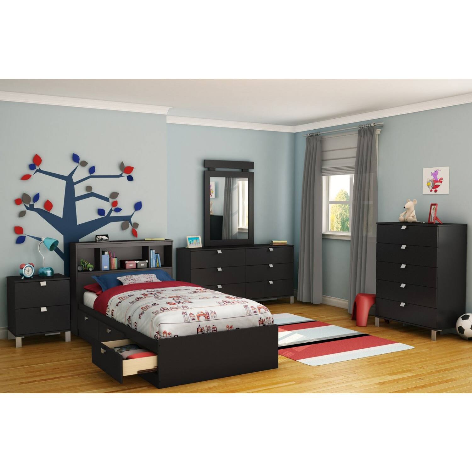 Left. Hivvago - Twin-size Bookcase Headboard in Black Finish - Modern Design - Black.