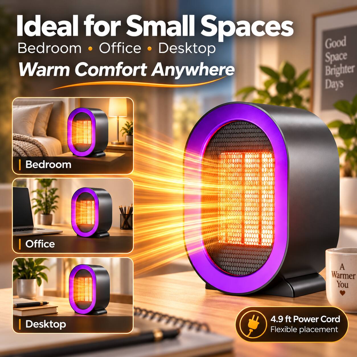 Ideal for Small Spaces  
Bedroom • Office • Desktop  
Warm Comfort Anywhere  

Bedroom  
Office  
Desktop  

A Warmer You  

4.9 ft Power Cord  
Flexible placement