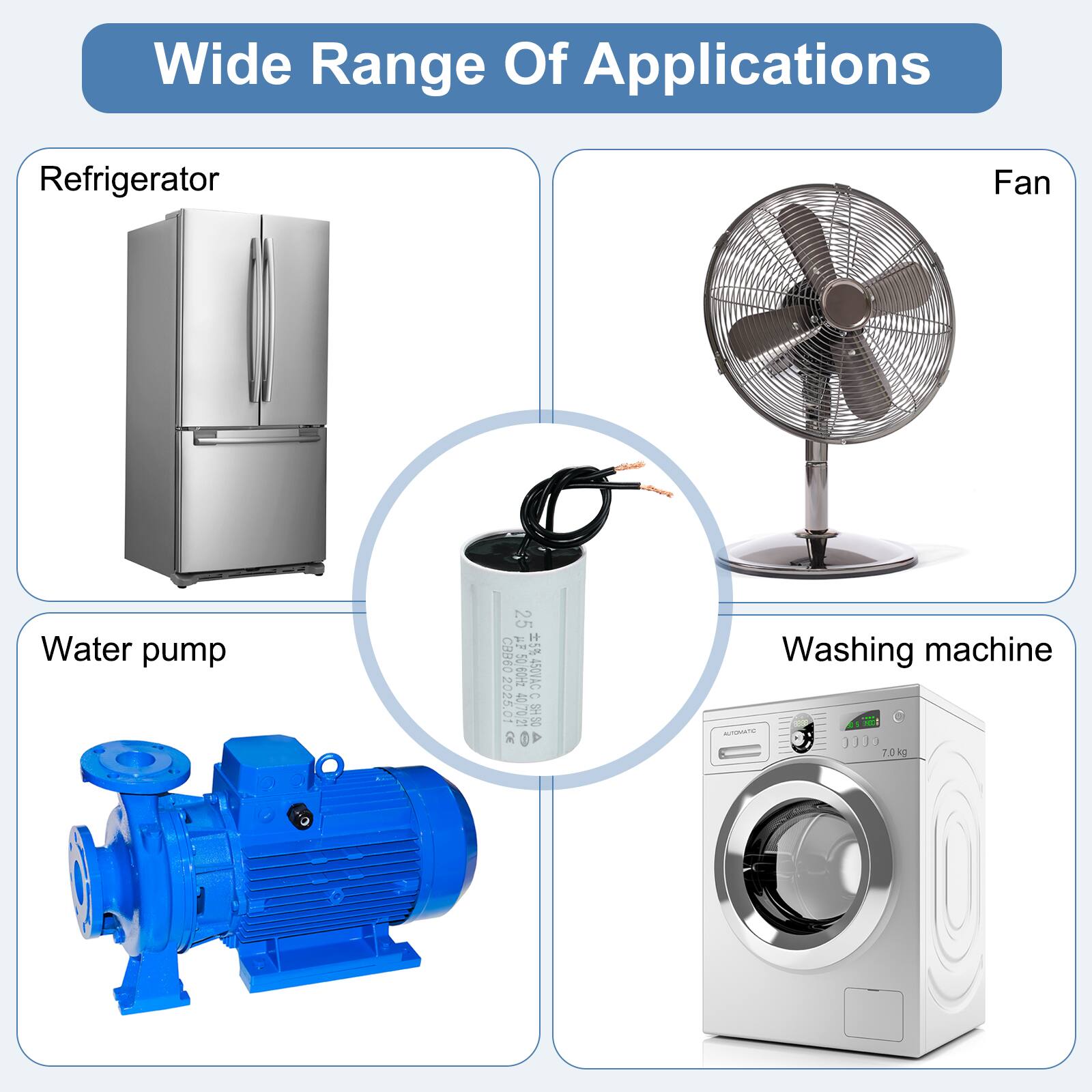 Wide Range Of Applications  
Refrigerator  
Fan  
Water pump  
Washing machine  

25 A7 CBBE0 3AVOA P50 60HZ 4070 BOH 2025.01 40.702 06HS 30 I P  
7.0kg