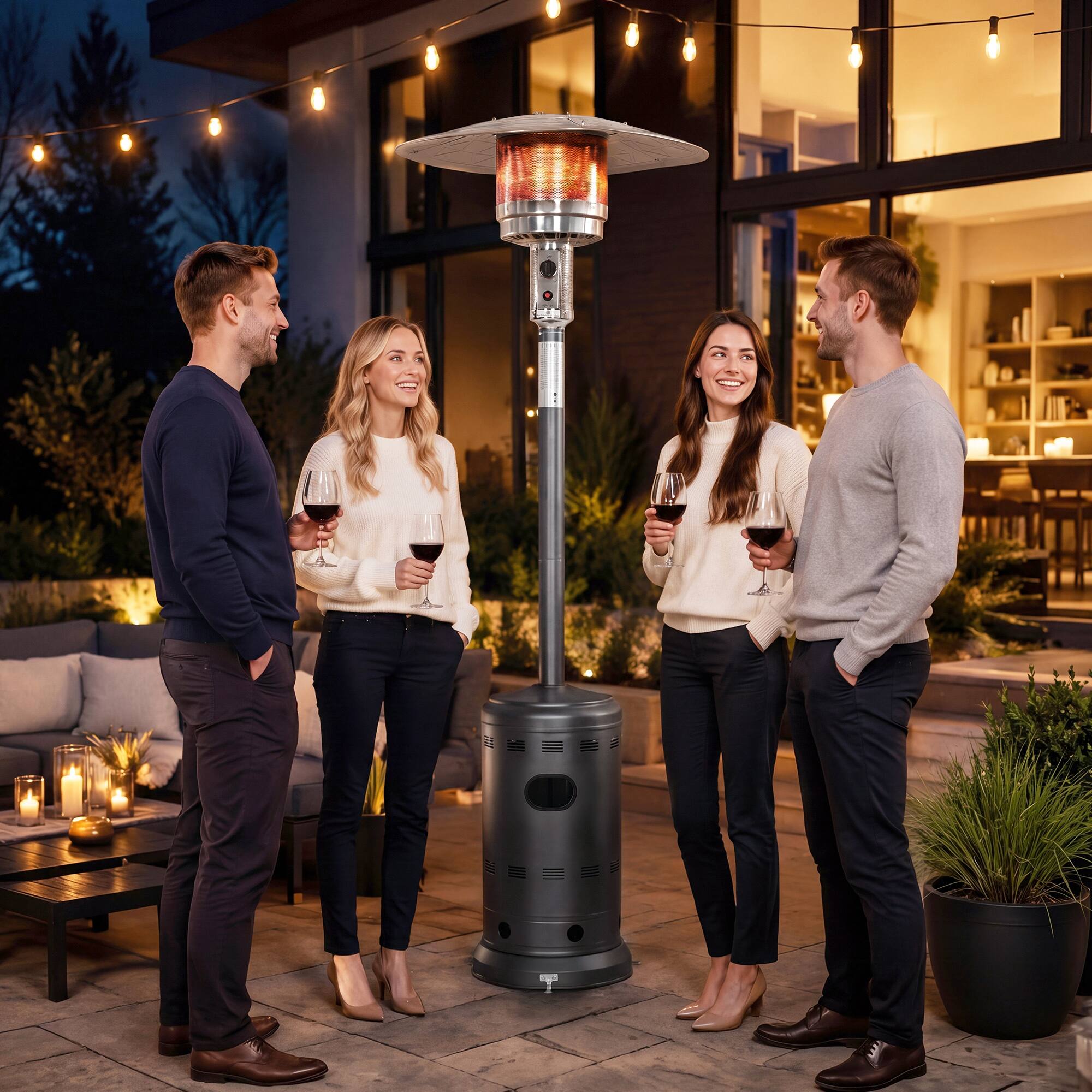 Angle. Nuu Garden - Metal Sparkling Gray Outdoor Heater with Wheels, ETL Certified.